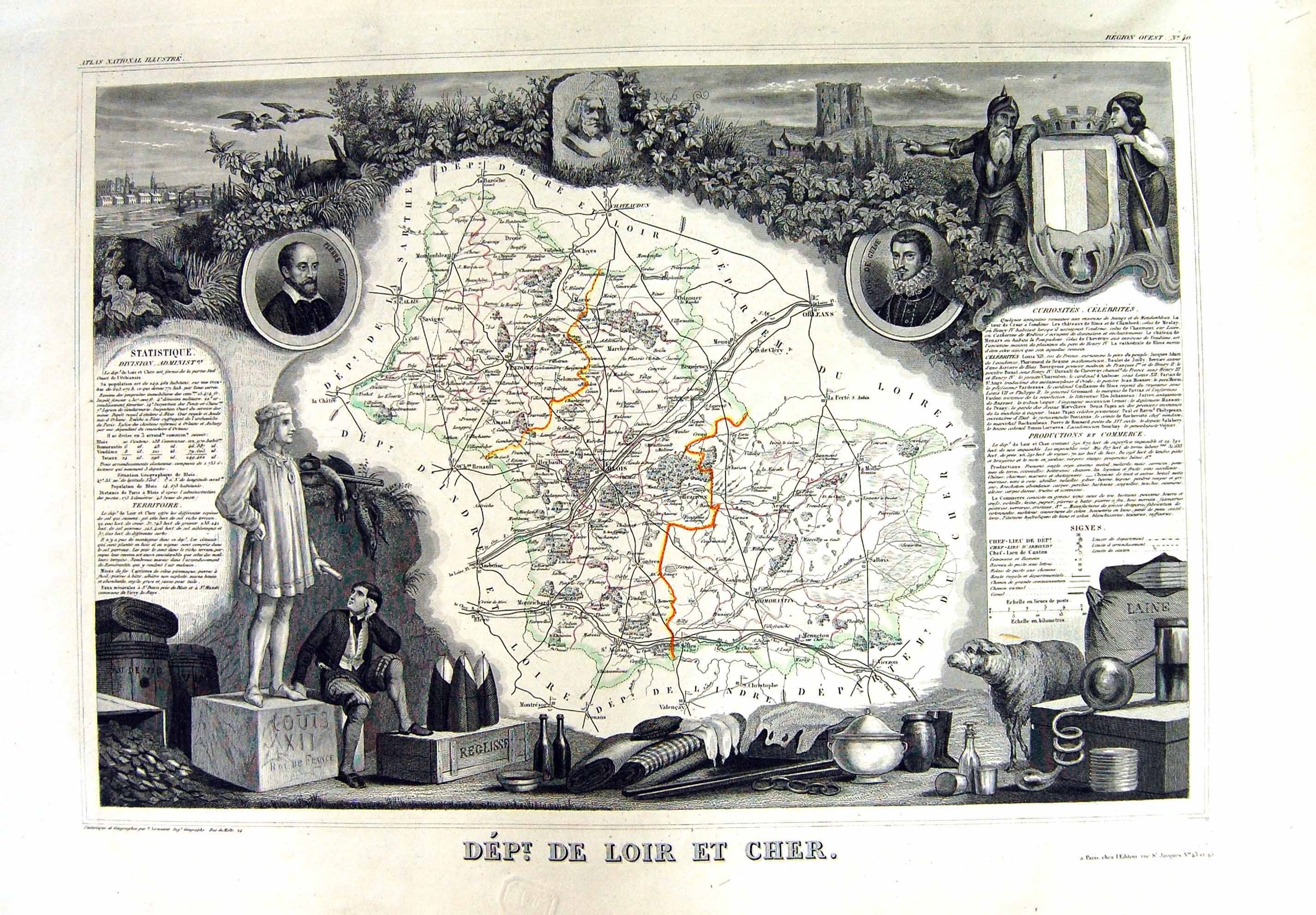 Old Print French Map Levasseur C1845 De Loir Et Cher France Moroe Orleans 19th
