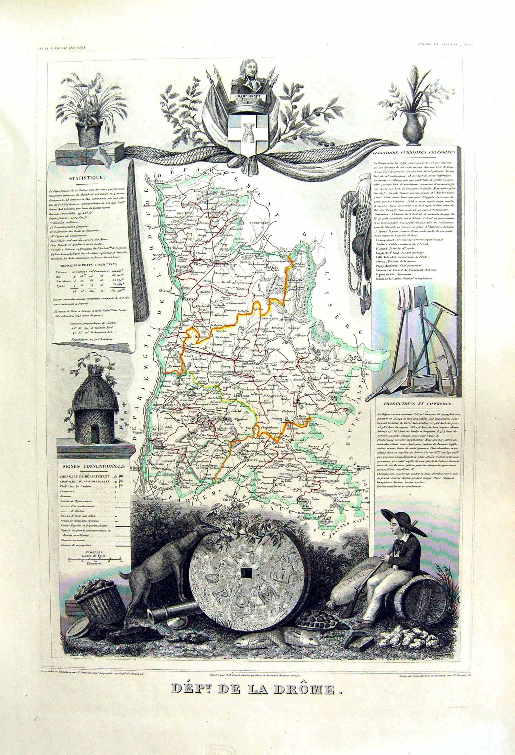 Old French Map Levasseur C1845 De Lad Drome France Valence Chatillon Victorian