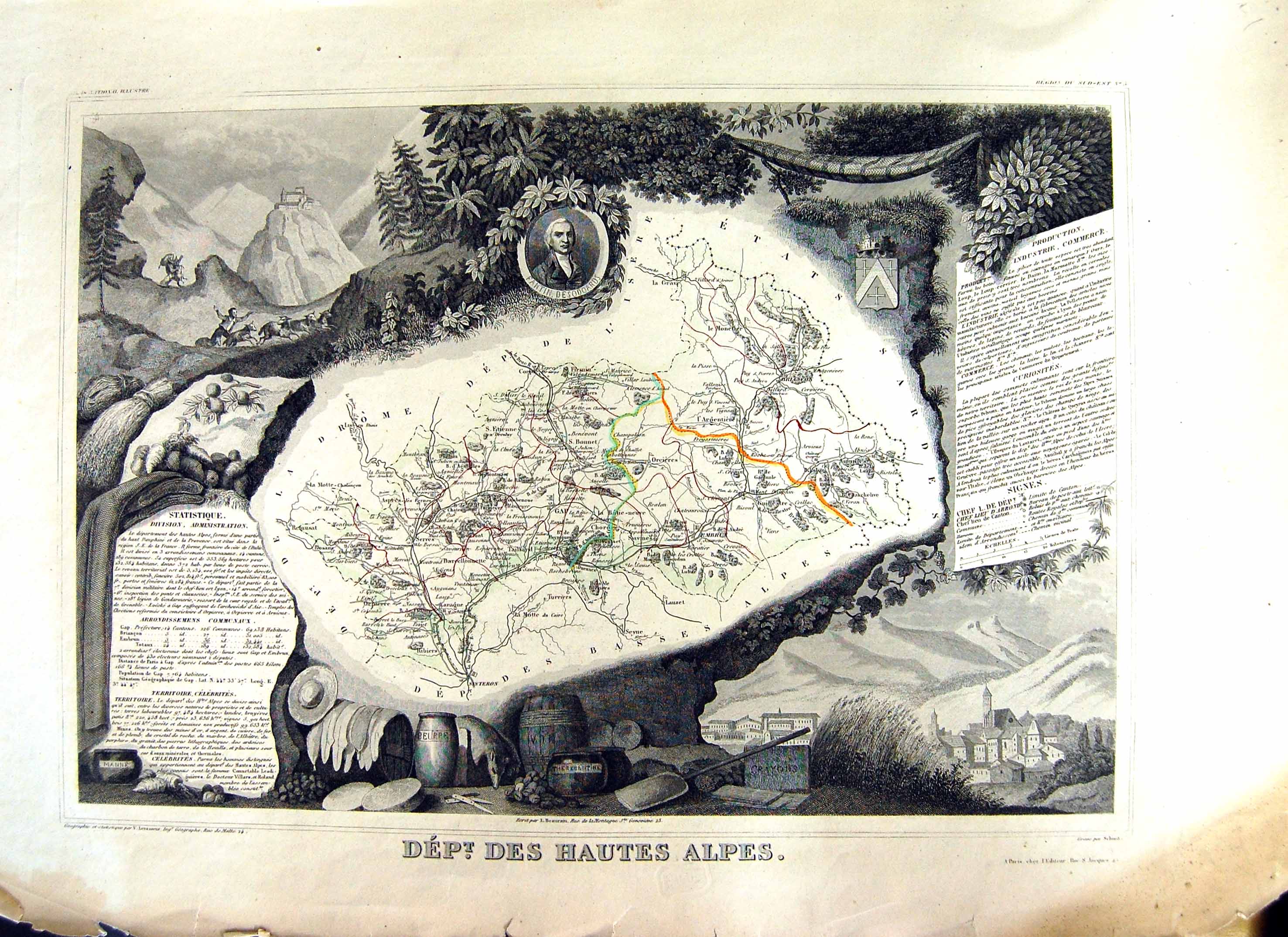 Old Print French Map Levasseur C1845 Des Hautes Alpes France Gap Sesteron 19th