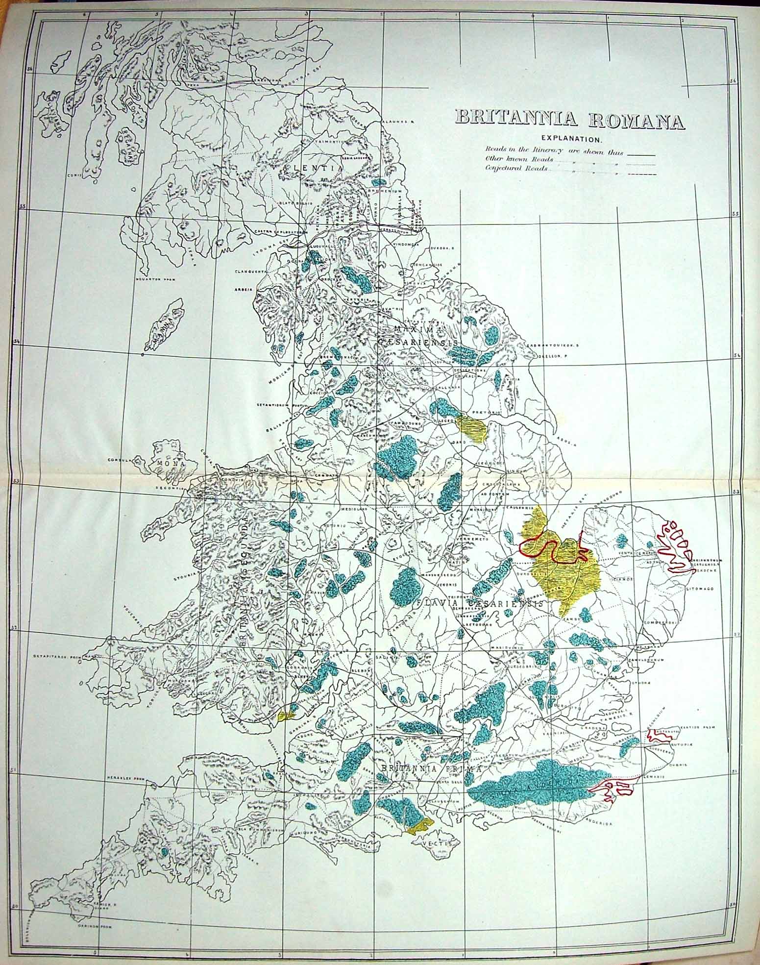Antique Old Print Pearson Text Map England 1870 Roman Britain England Wales