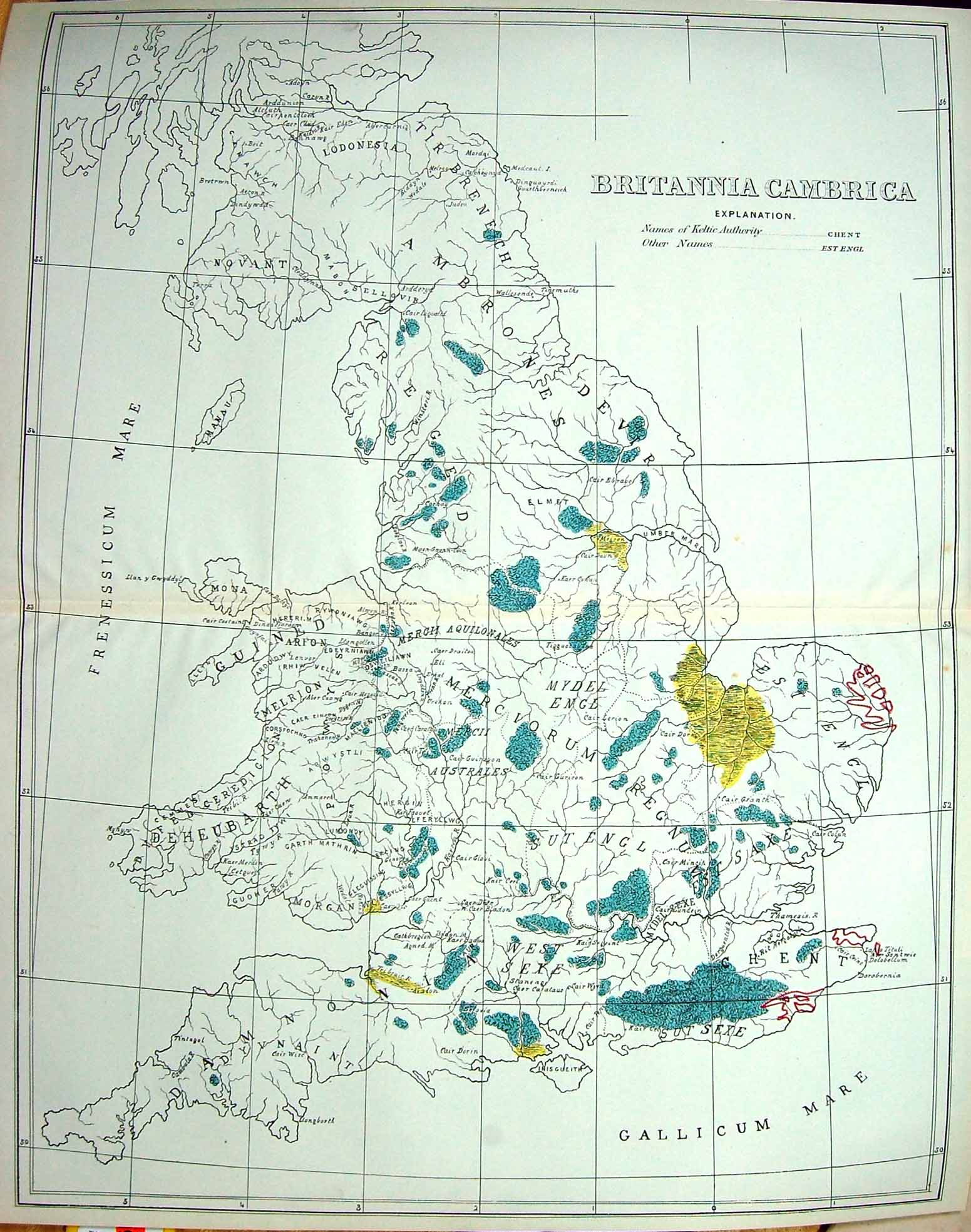 Old Pearson Text Map England 1870 Britannia Cambrica Britain Wales Is Victorian