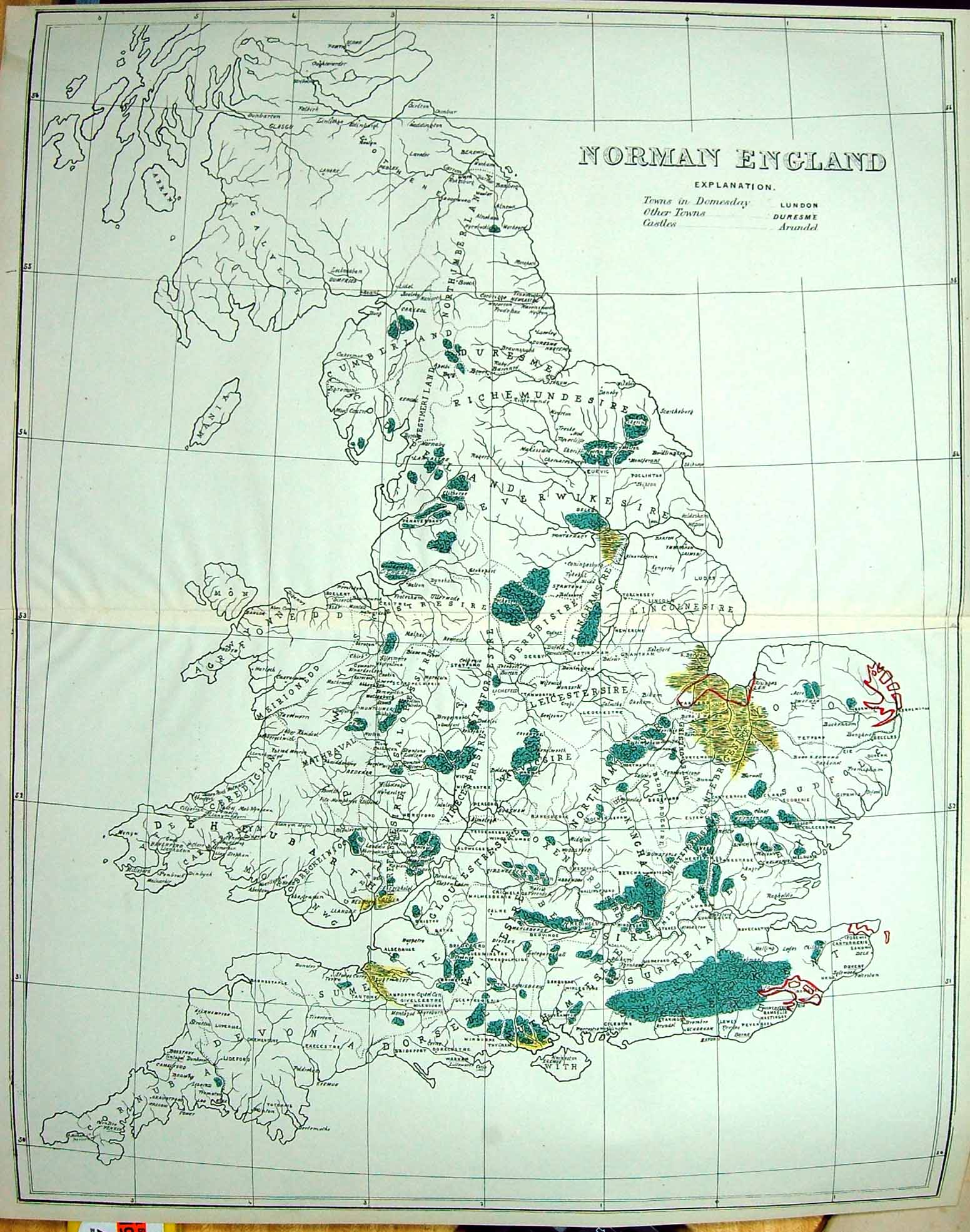 Old Pearson Text Map England 1870 Norman England Surreia Lincolnshire Victorian