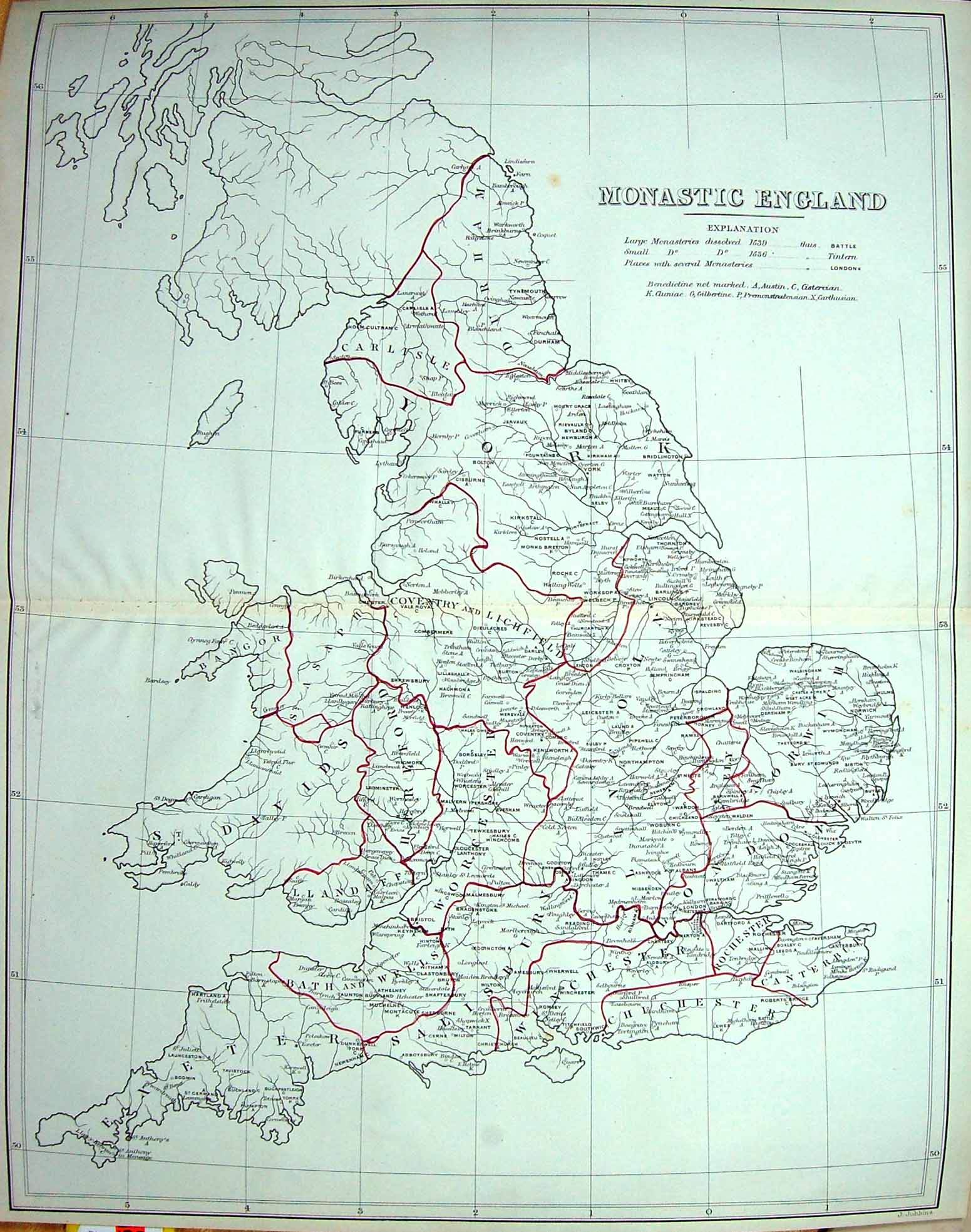Old Pearson Text Map England 1870 Monastic England London Canterbury Victorian