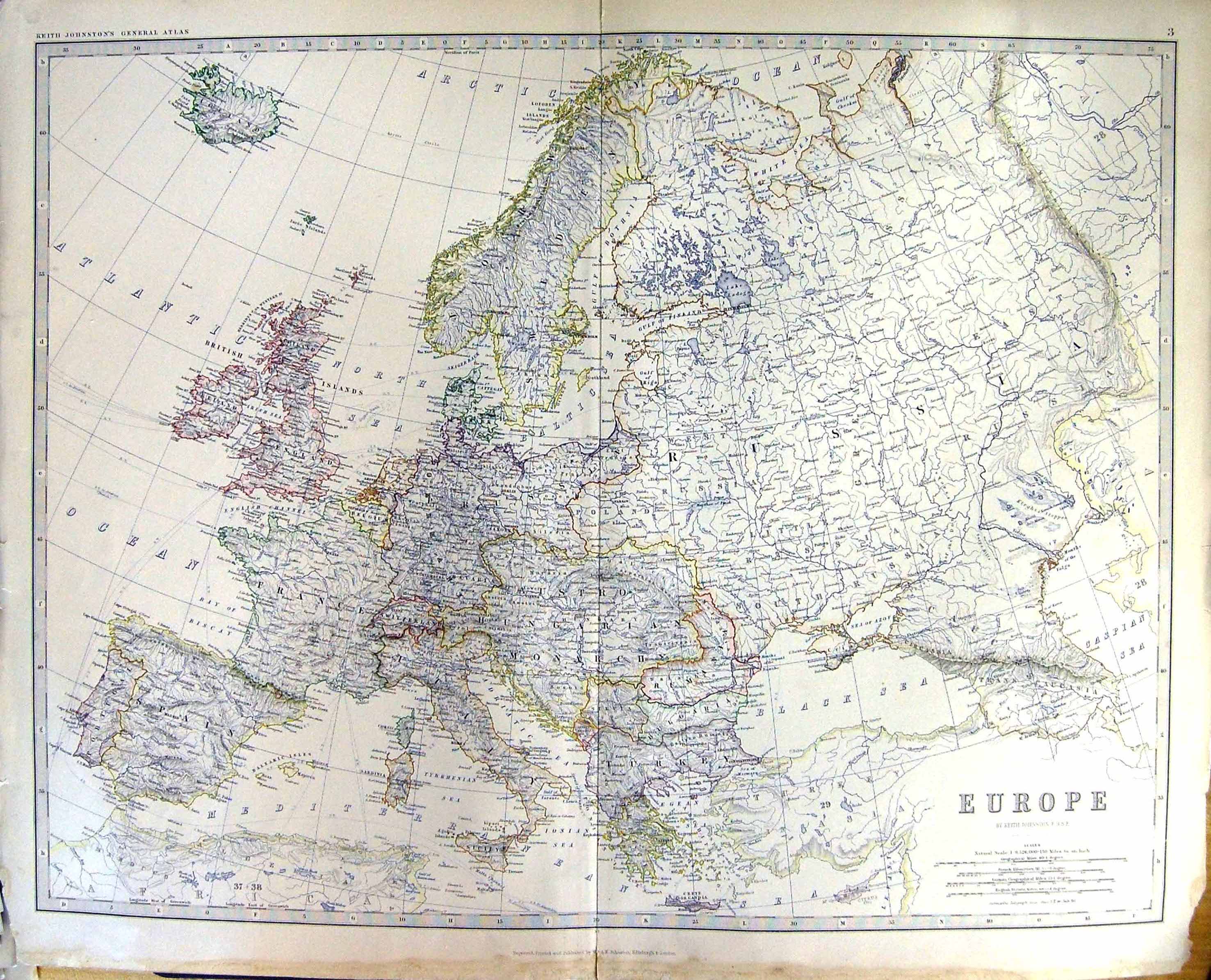 Old Europe Russia Johnston Map 1883 France Spain Balearic Isles Brita Victorian
