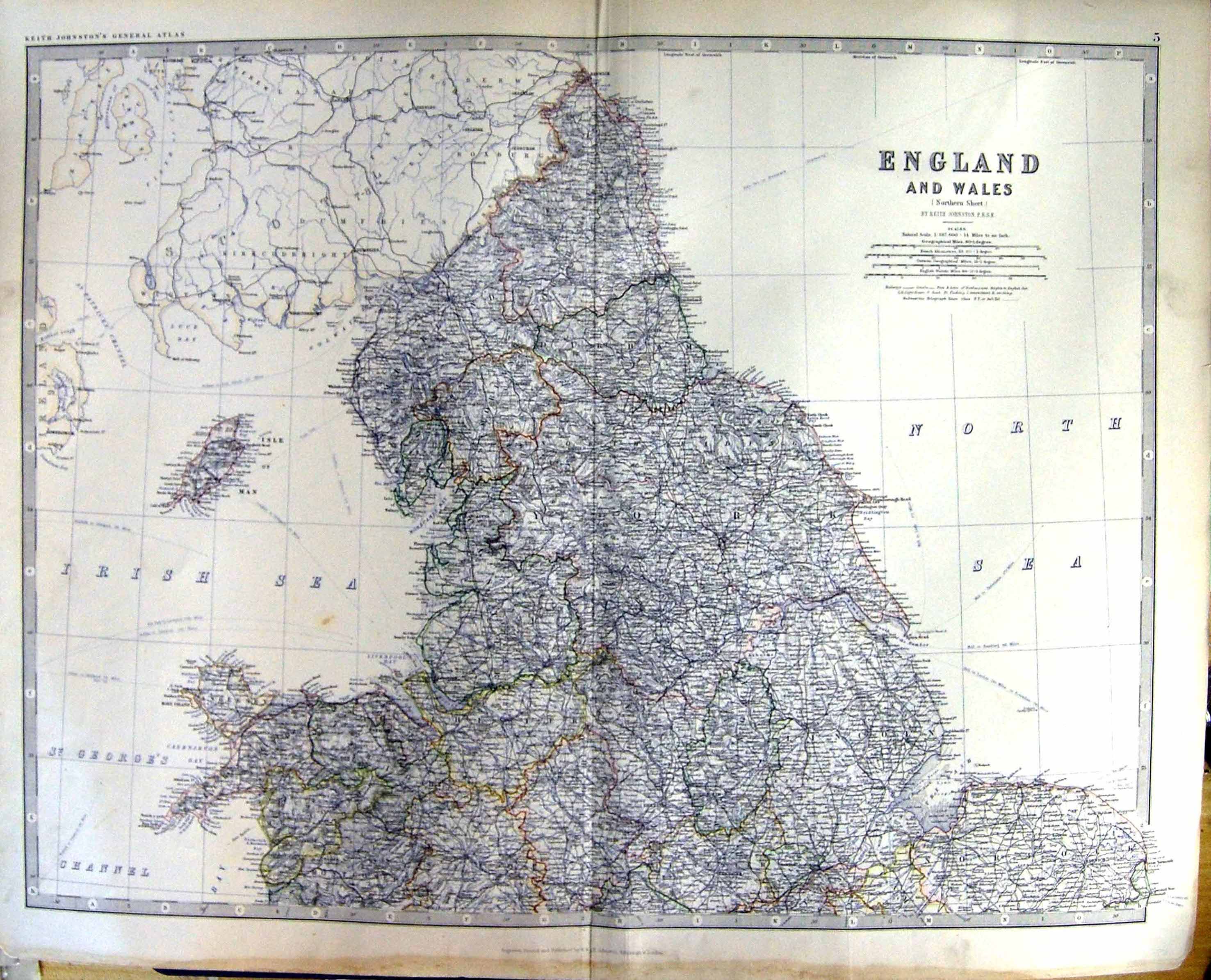 Old Johnston Map 1883 England Wales York Isle Man Lincoln Lancaster D Victorian