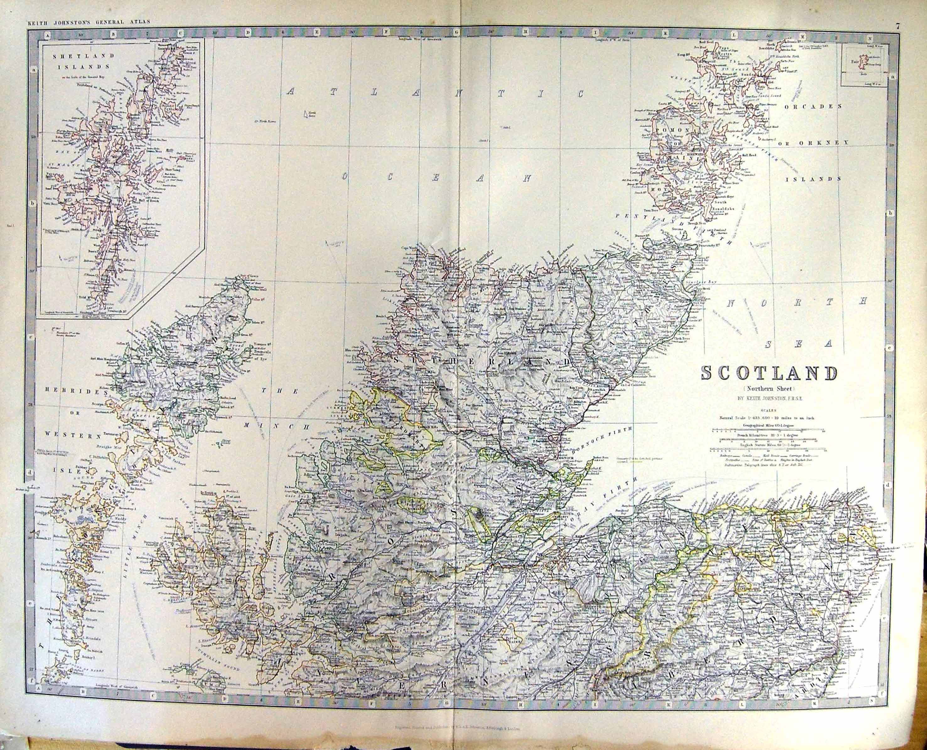 Old Johnston Map 1883 Scotland Northern Hebrides Shetland Islands Ork Victorian