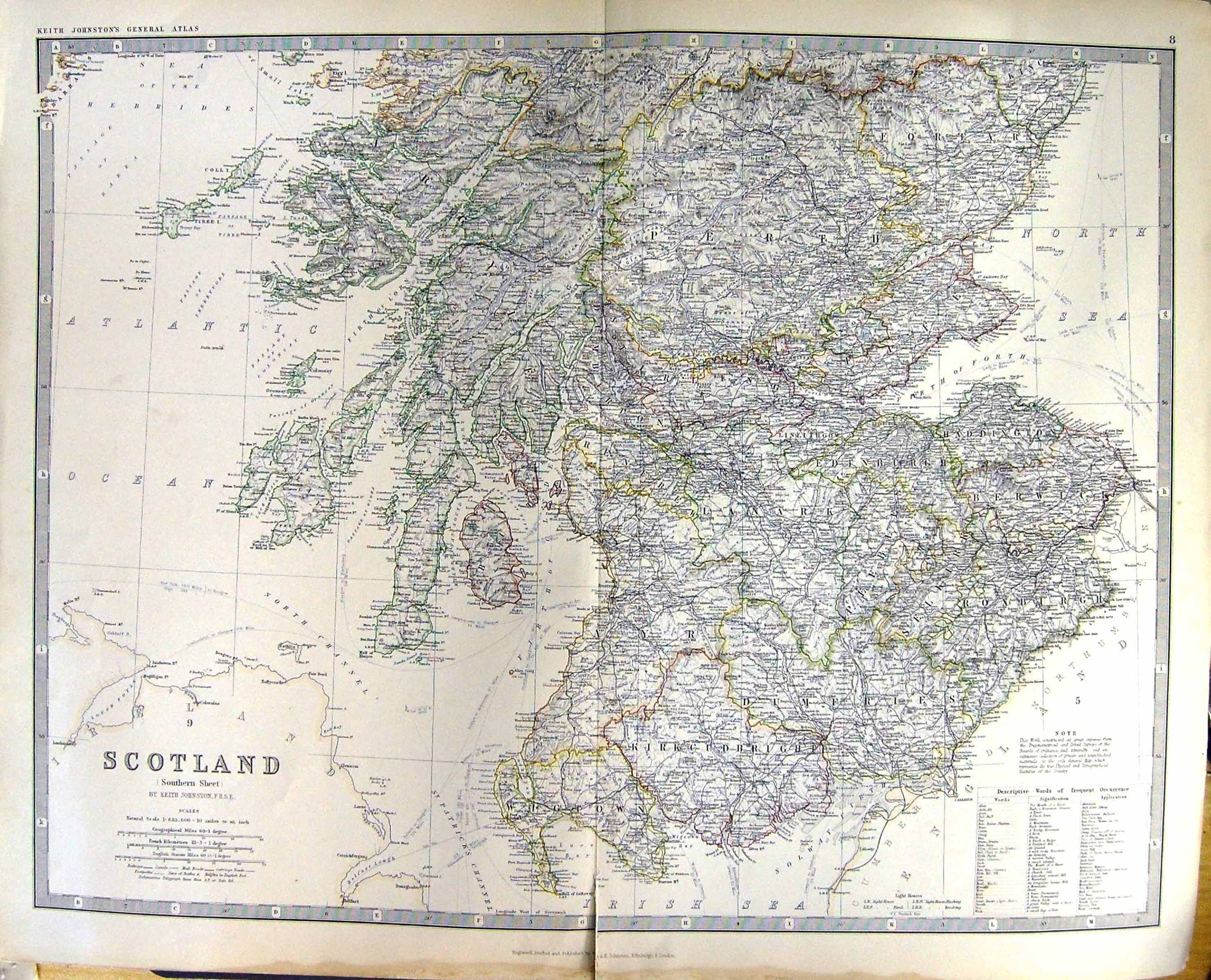 Old Scotland Southern Johnston Map 1883 Perth Argyle Lanark Dumbarton Victorian