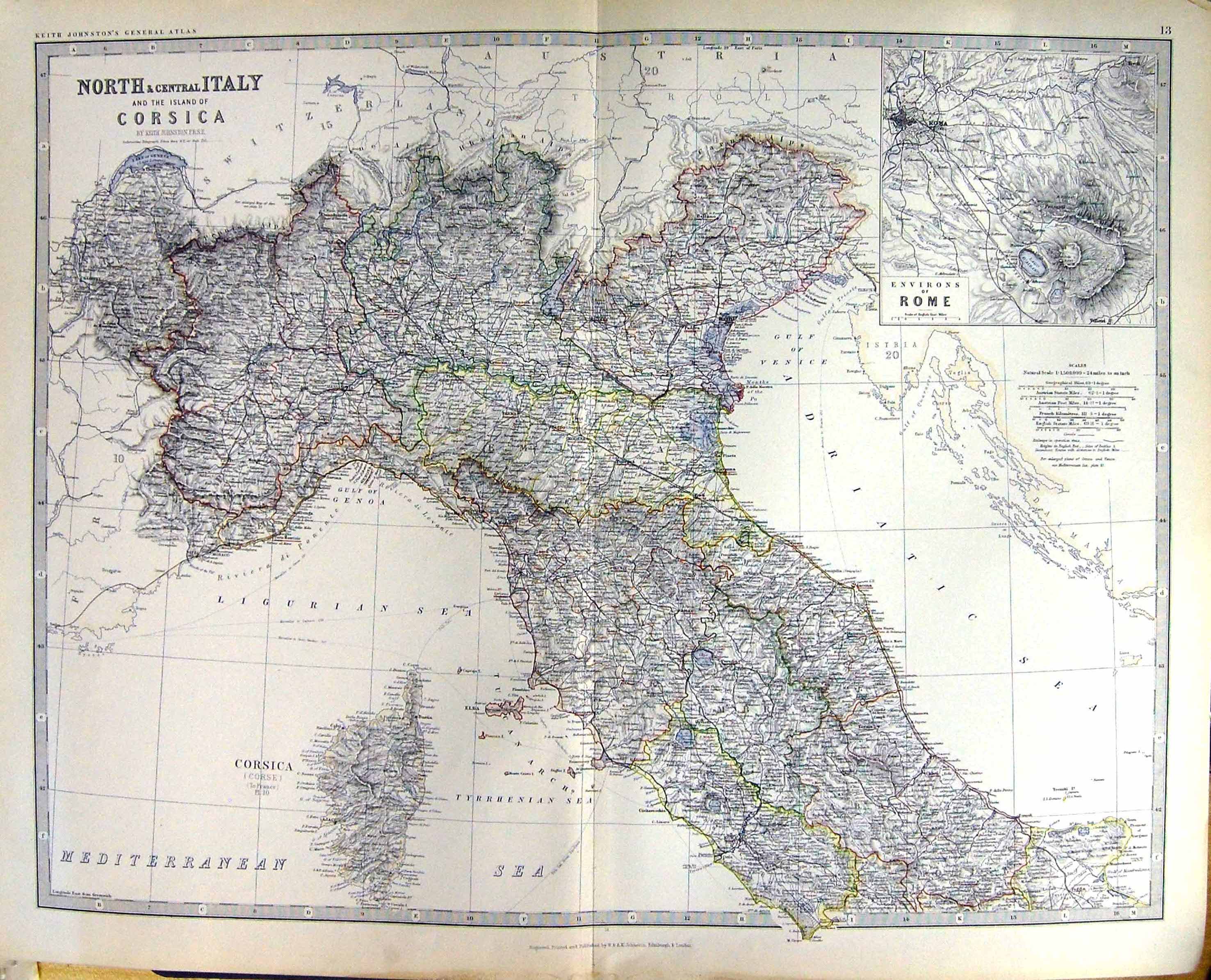 Old North Central Italy Corsica Johnston Map 1883 Rome Environs Gulf Victorian