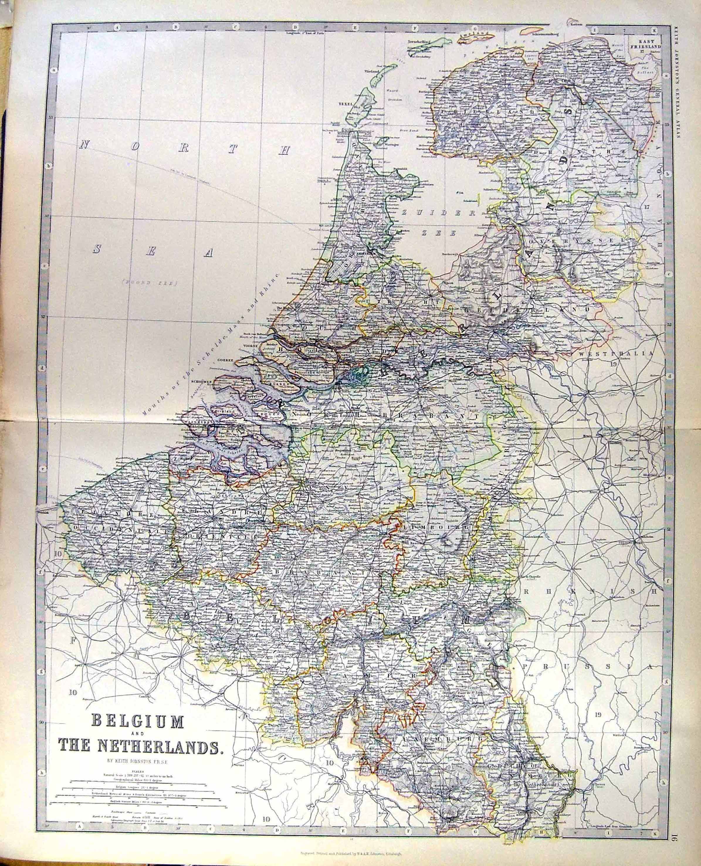 Old Belgium Netherlands Johnston Map 1883 Luxemburg Limbourg Holland Victorian