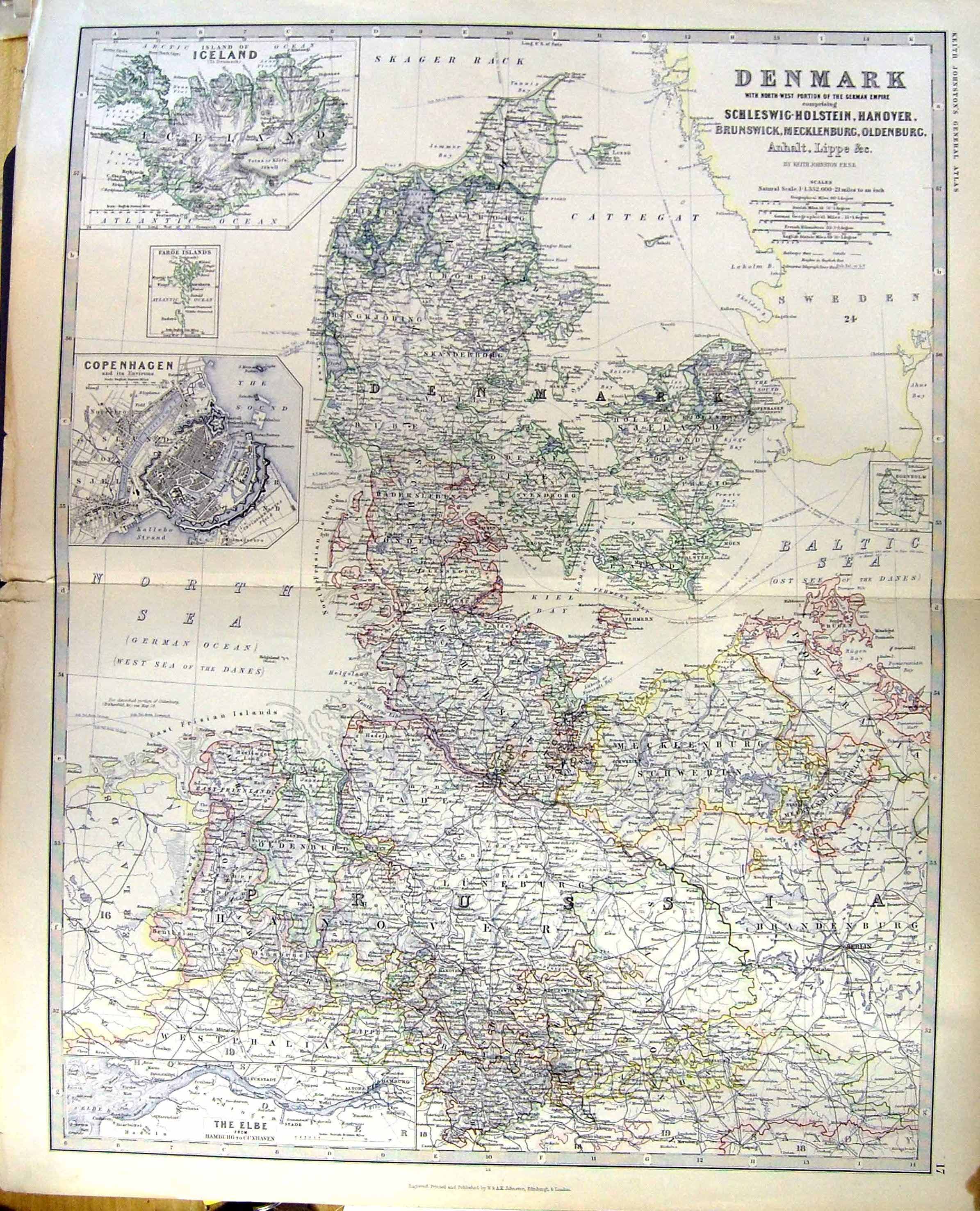 Old Denmark German Empire Johnston Map 1883 Prussia Elbe Iceland Cope Victorian