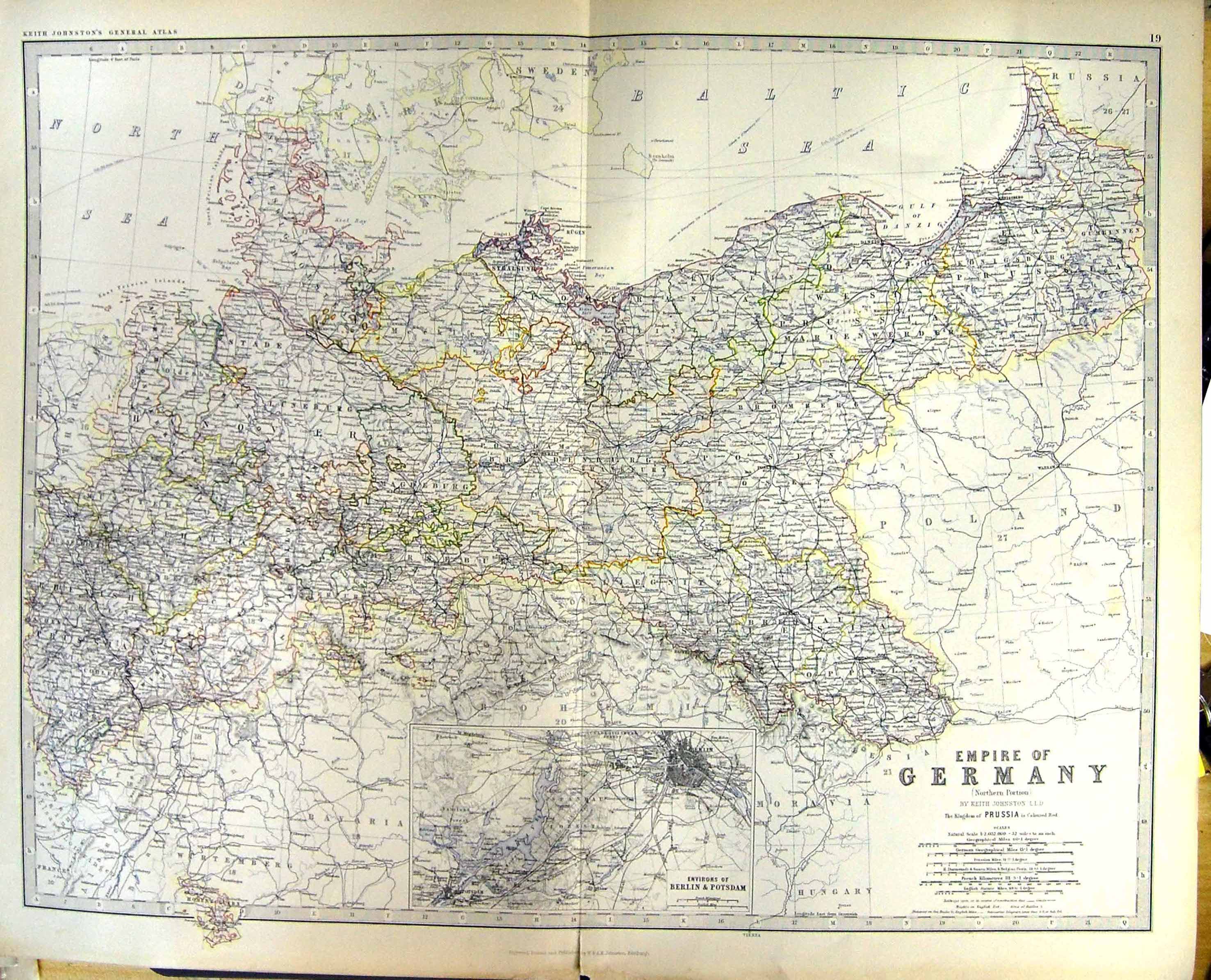 Old Johnston Map 1883 Northern Empire German Berlin Potsdam Environs Victorian