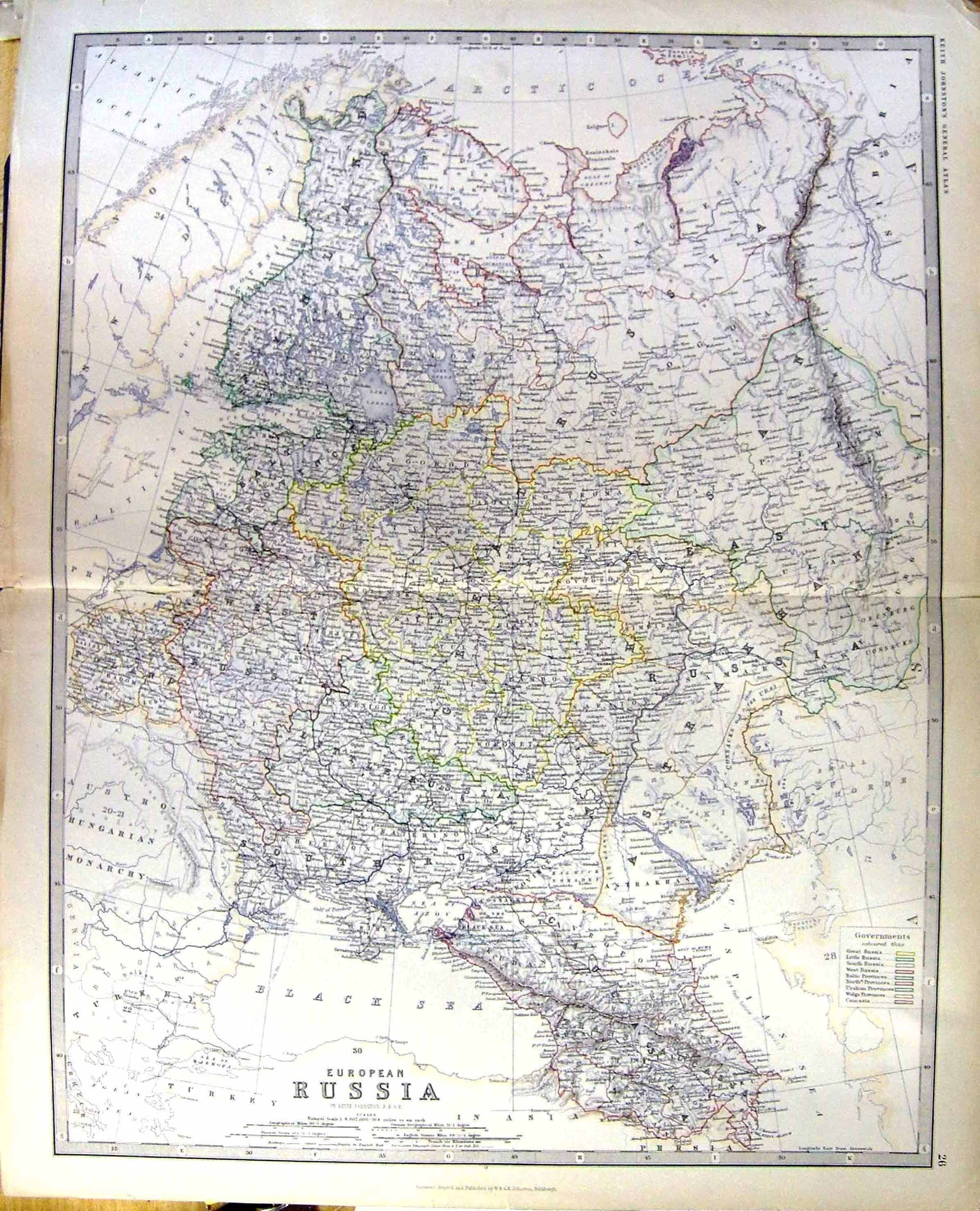 Old European Russia Johnston Map 1883 Finland Poland Georgia Astrakha Victorian