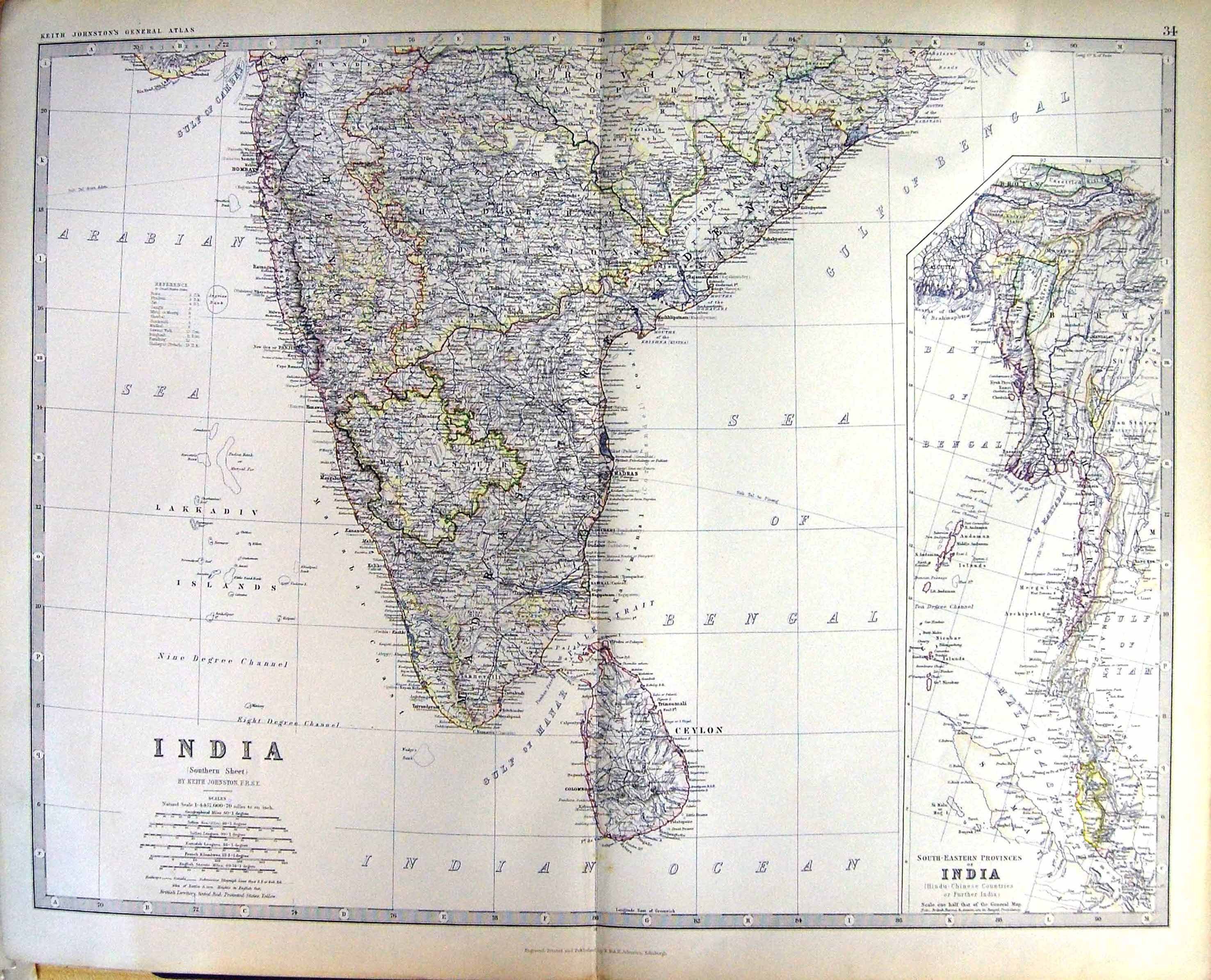 Old South-Eastern Provinces India Johnston Map 1883 Southern Lakkadiv Victorian