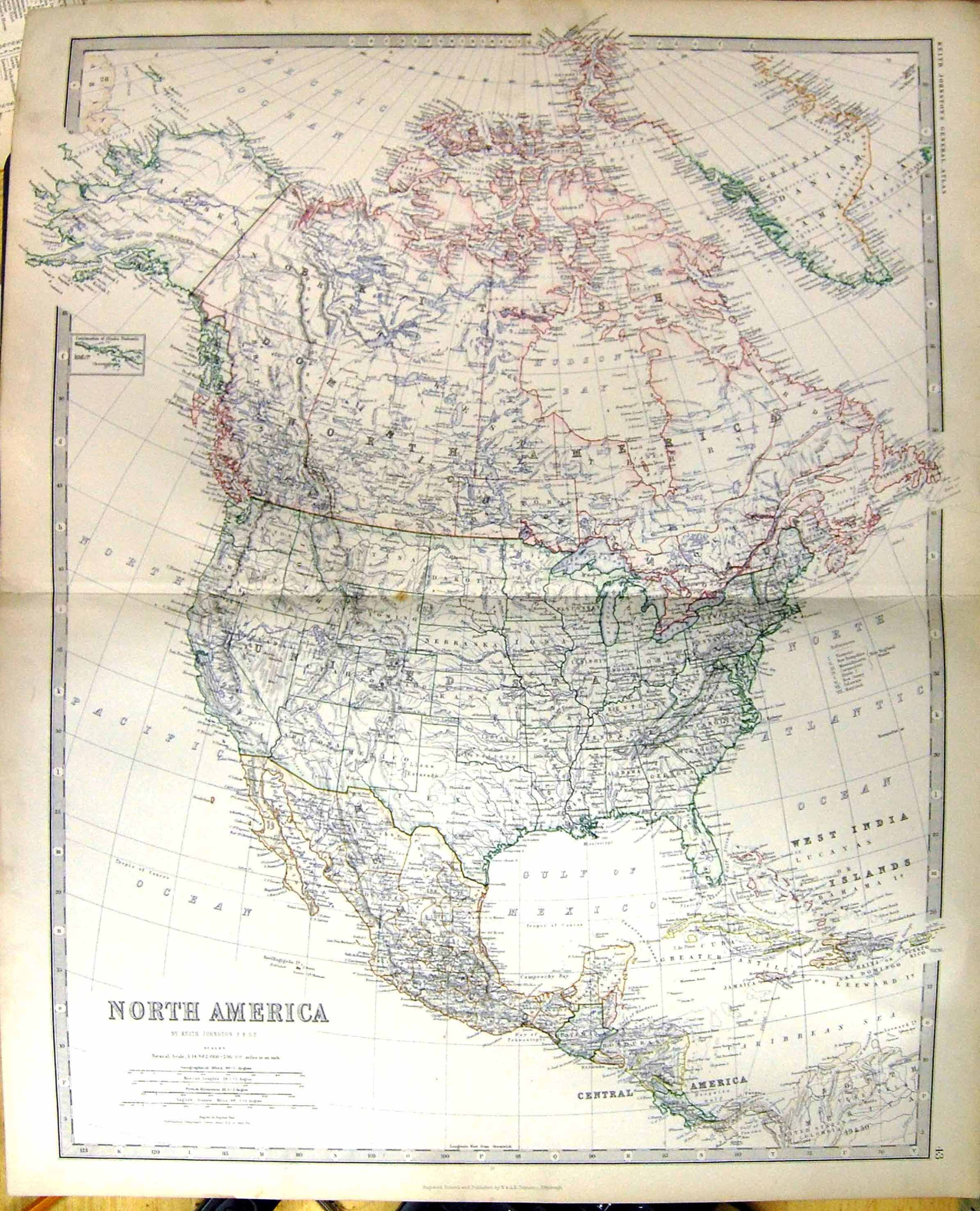 Old North America Johnston Map 1883 Bahama Jamaica Cuba Alaska United Victorian