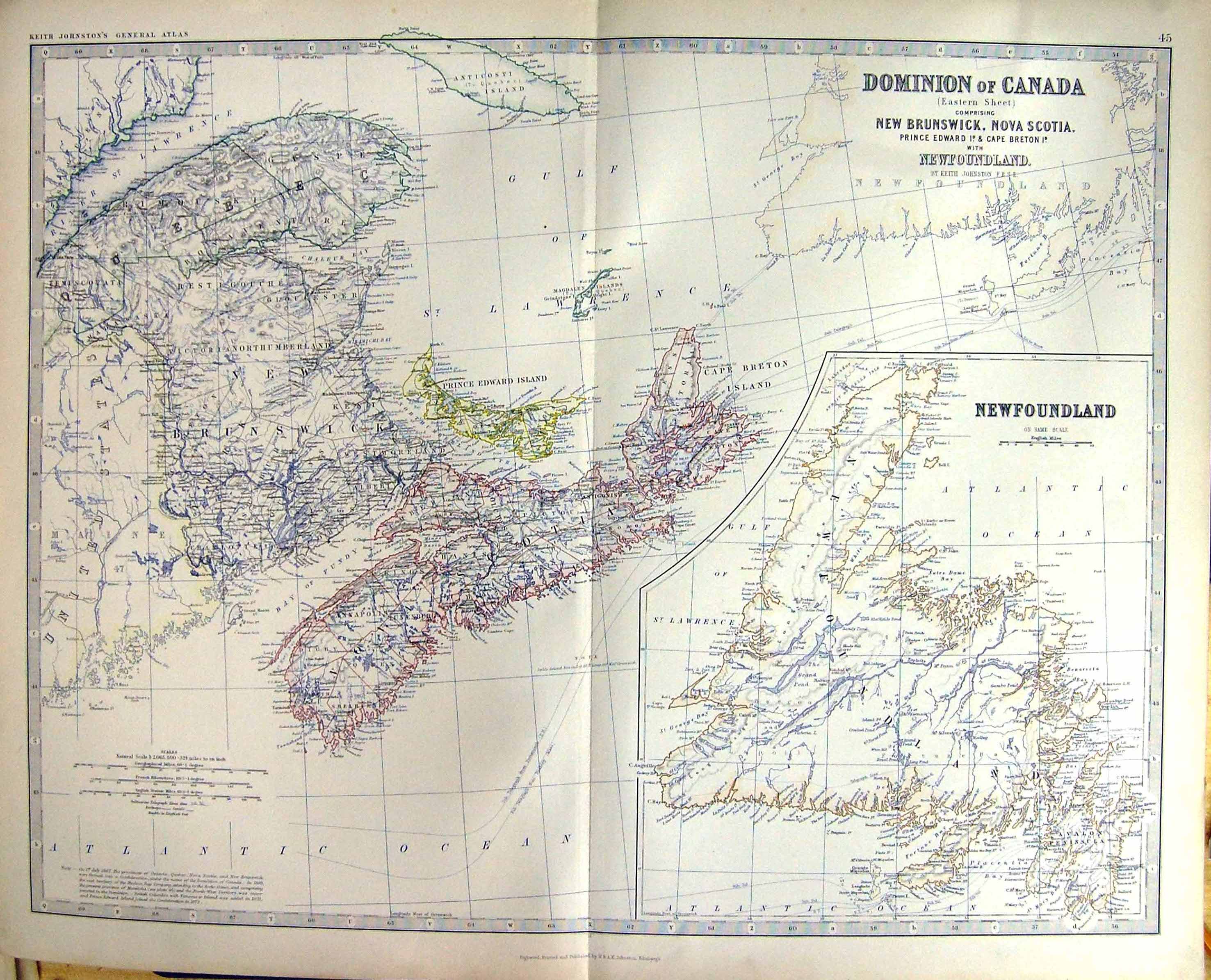 Old Dominion Canada Johnston Map 1883 New Brunkswick Novascotia Newfo Victorian