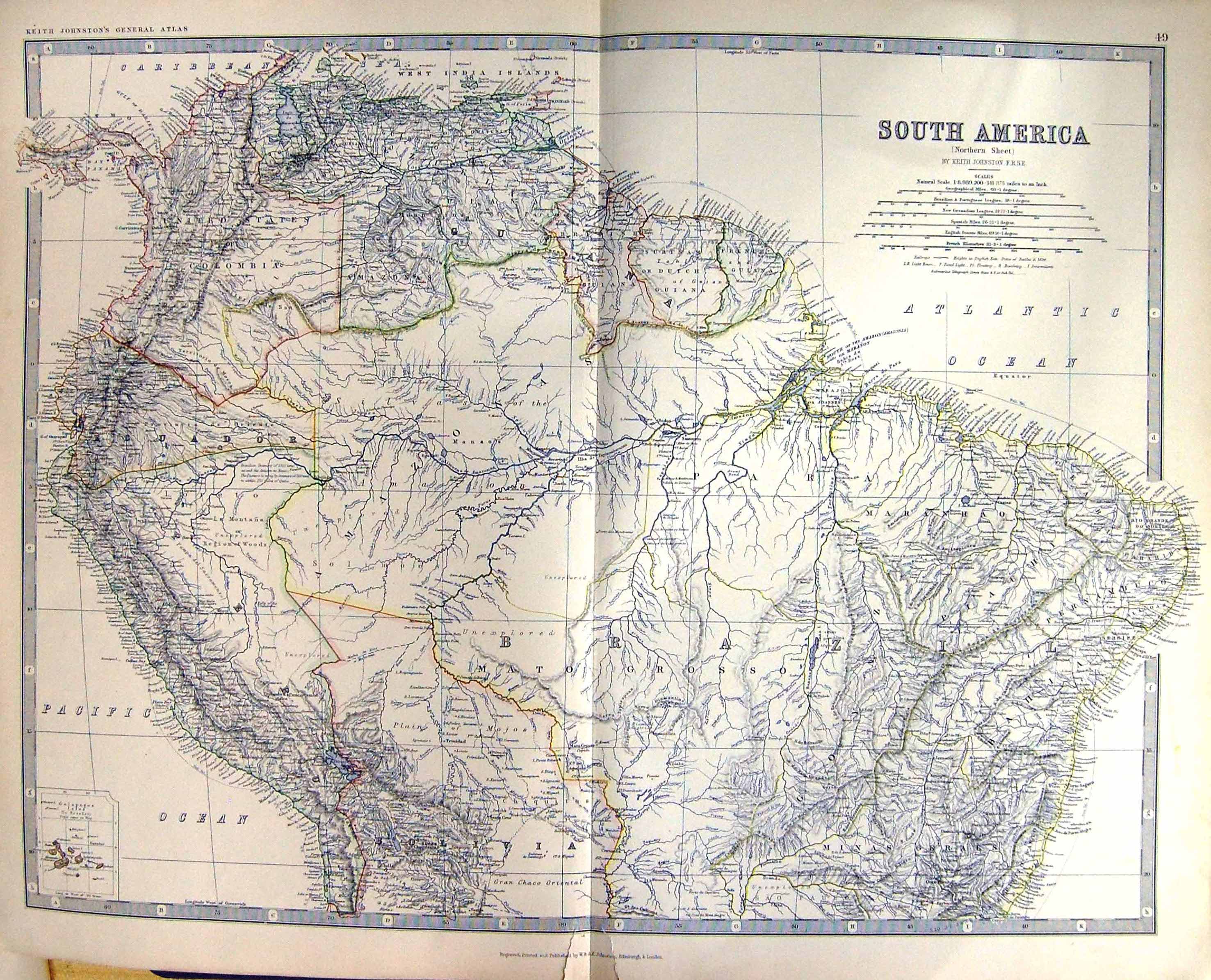 Old South America Galapagos Islands Bolivia Johnston Map 1883 Brazil Victorian