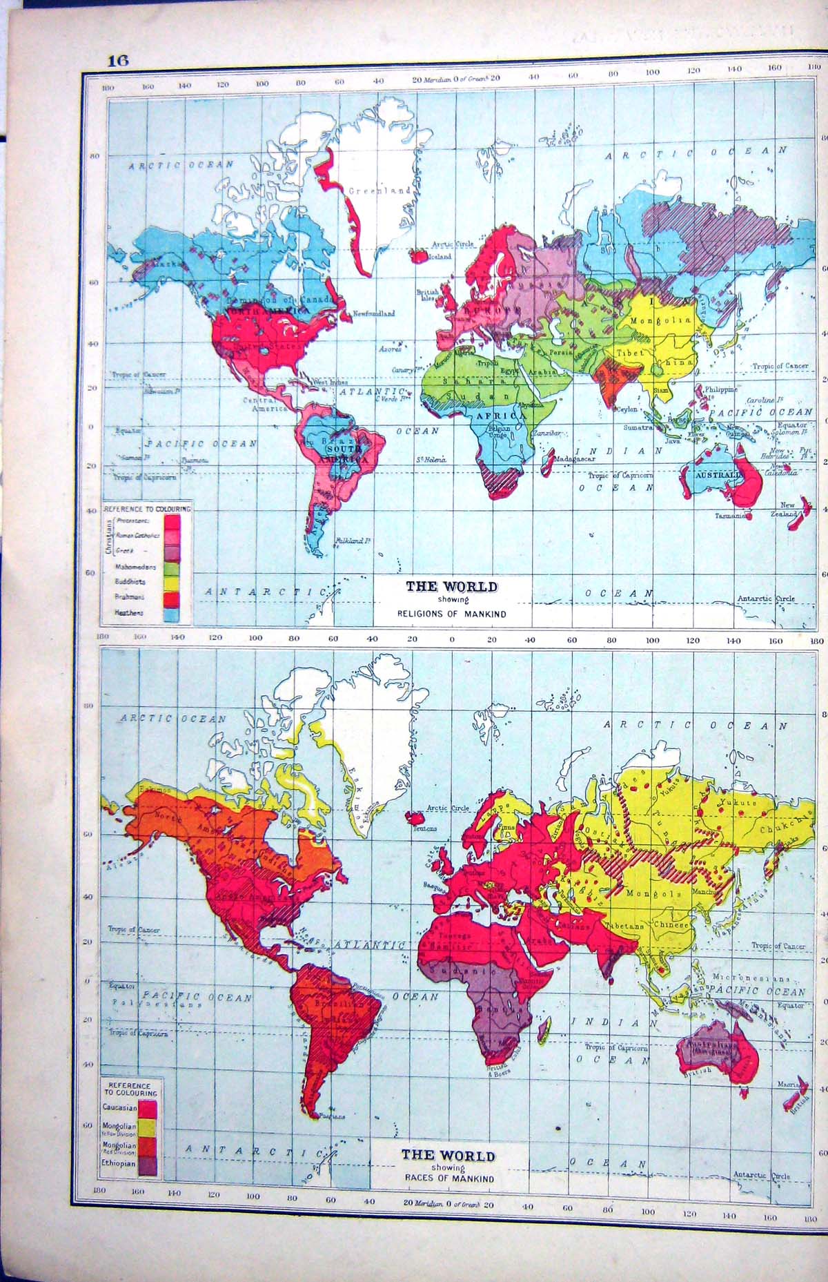 Old Print Harmsworth Hammerton Map C1920 Religions Races World Maori Zul 20th