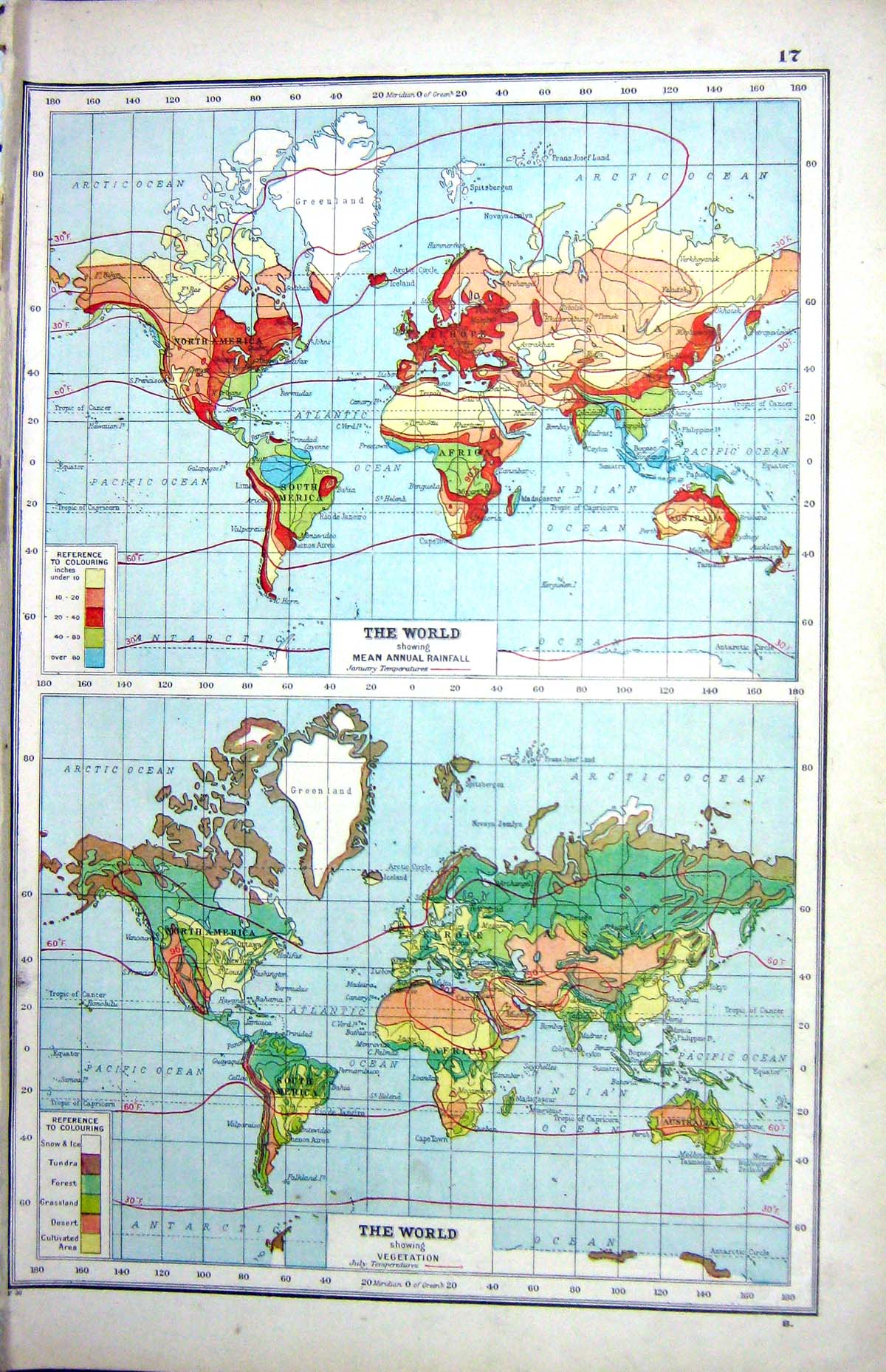 Old Print Harmsworth Hammerton Map C1920 Rainfall Vegitation World Tempe 20th