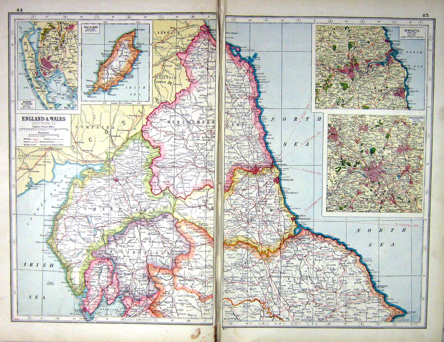 Old Print England Wales Newcastle Manchester Isle Man Hammerton Map C192 20th