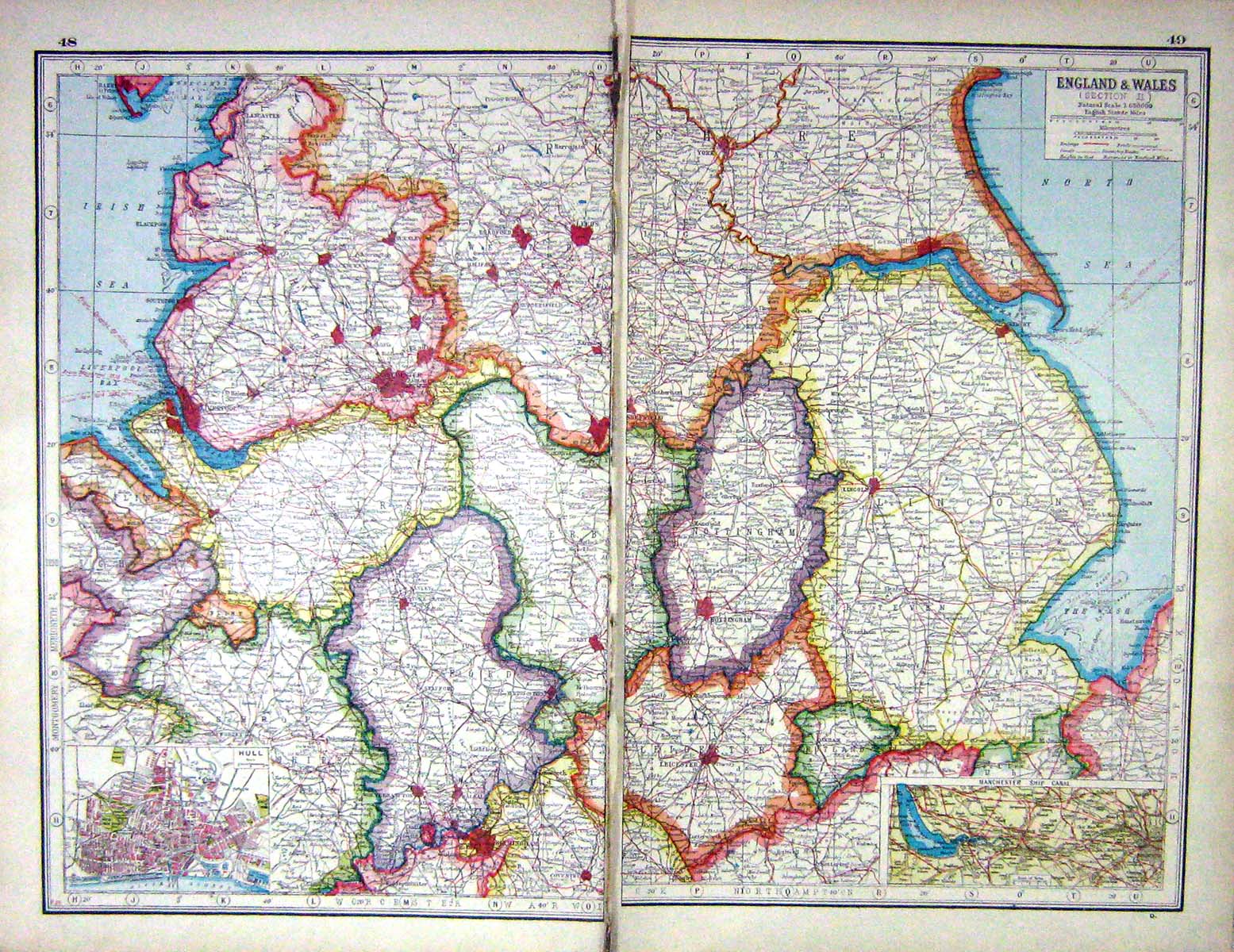 Old Print Hammerton Map C1920 England Wales Manchester Ship Canal Whitby 20th