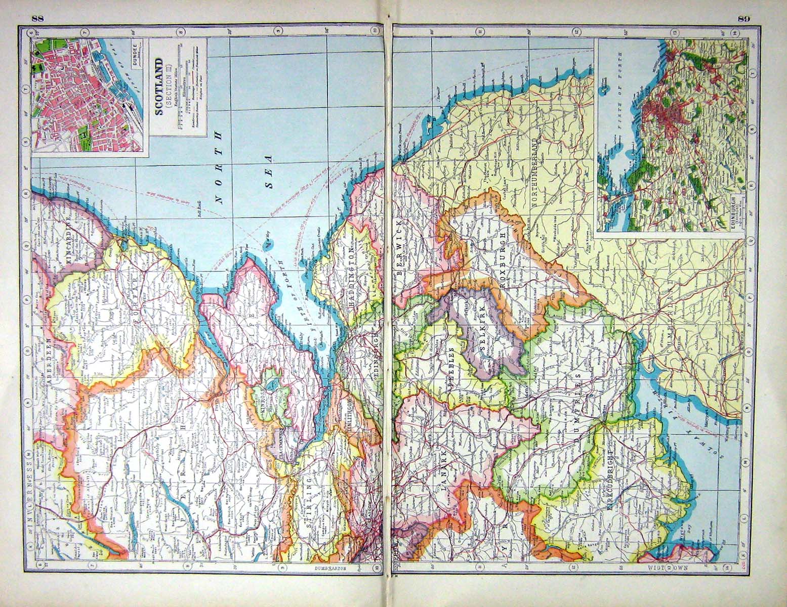 Old Print Hammerton Map C1920 Scotland Map Dundee Edinburgh Trossachs087 20th