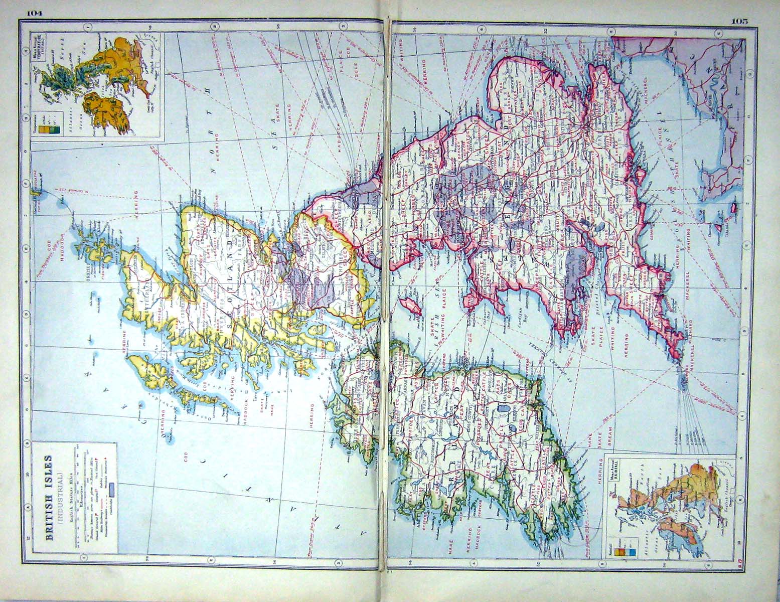 Old Print Hammerton Map C1920 British Isles Temperature Rainfall Elswick 20th