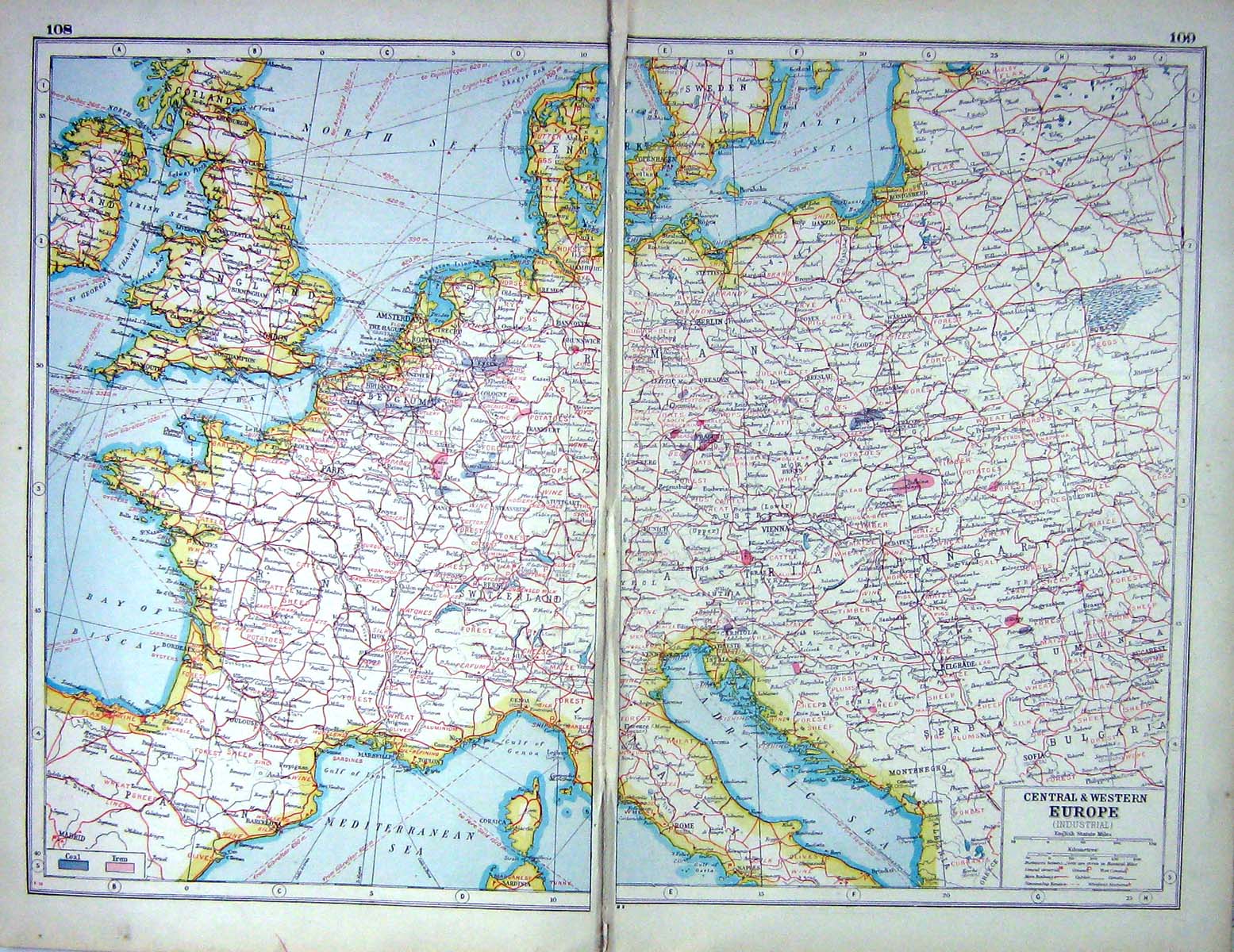 Old Print Hammerton Map C1920 Industrial Europe Silk Lace Potato Coal Mi 20th