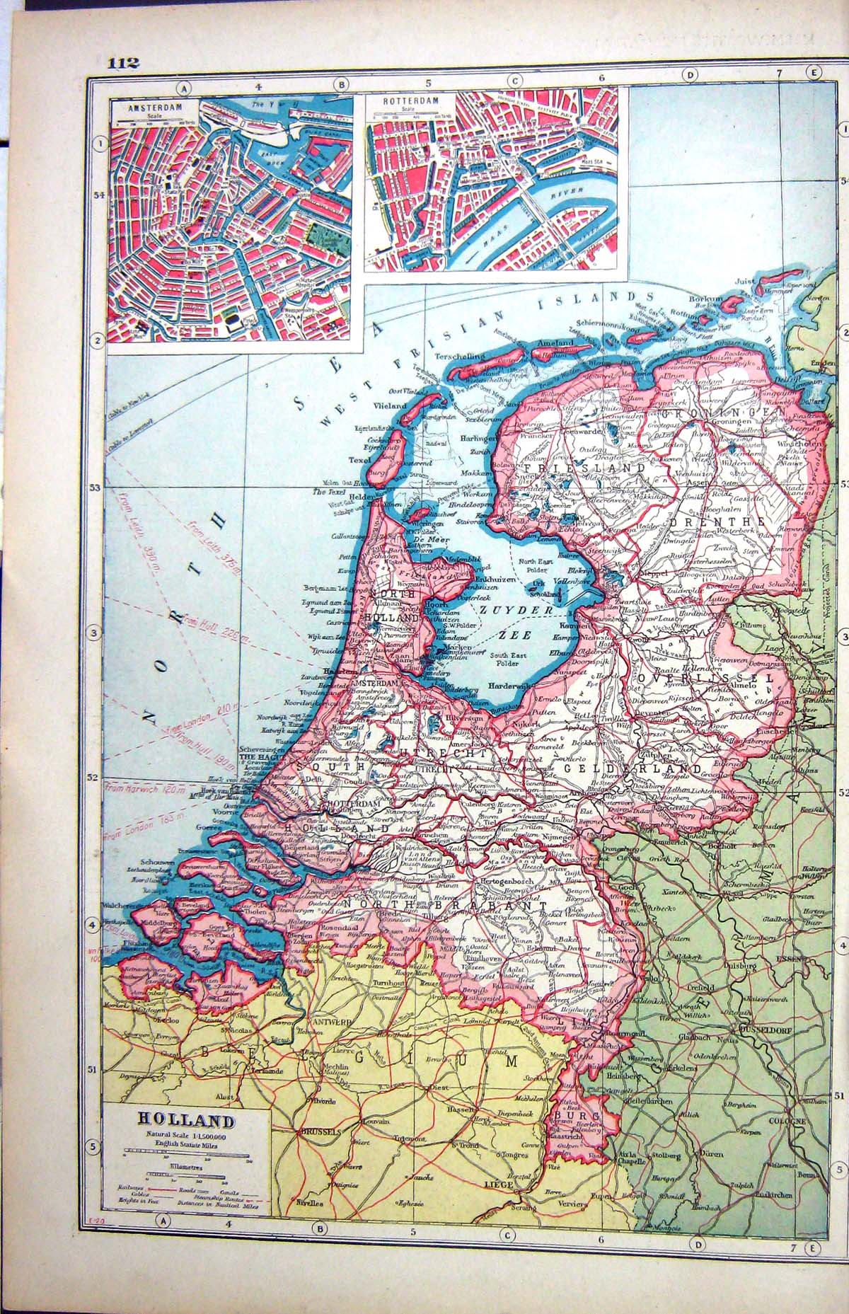 Old Print Hammerton Map C1920 Plan Amsterdam Rotterdam Holland Windmills 20th