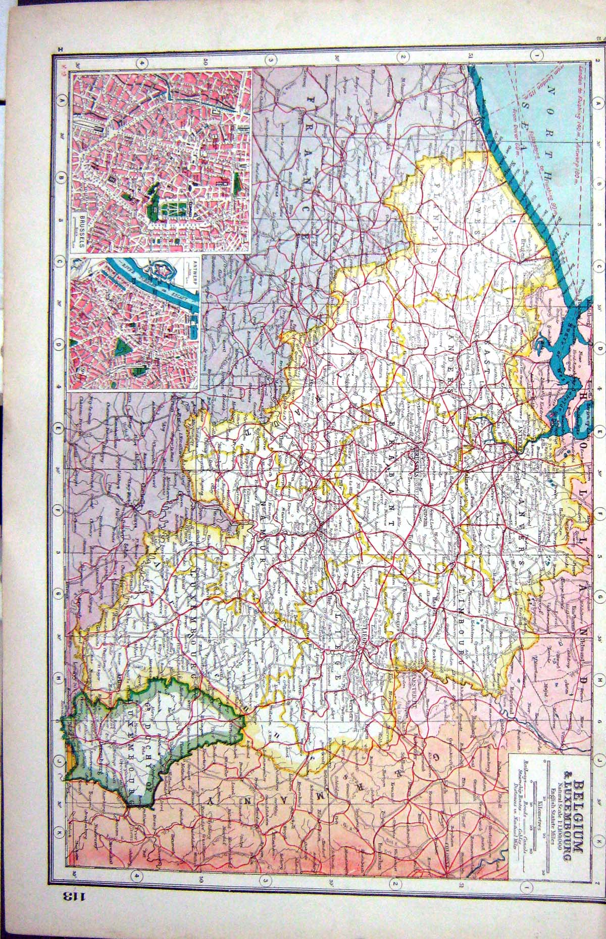 Old Print Hammerton Map C1920 Belgium Luxembourg Brussels Antwerp Grotto 20th