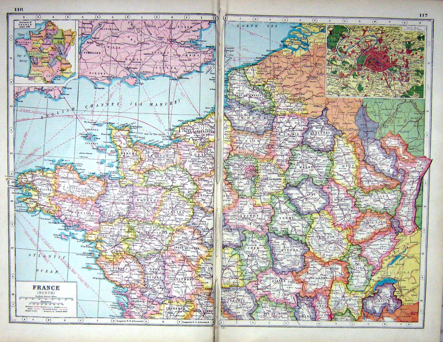 Old Print Hammerton Map C1920 Northern France Tours Paimpol Quimper Alsa 20th