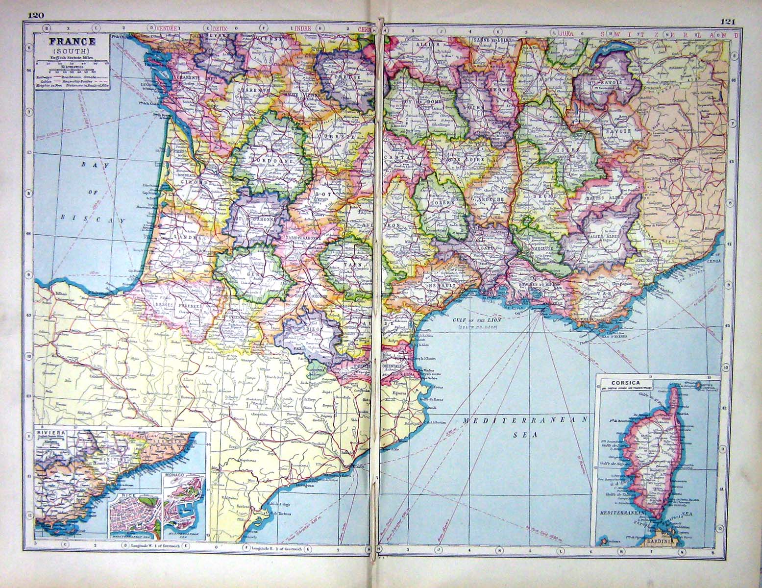 Antique Print Hammerton Map C1920 South France Corsica Monaco Nice Riviera 20th