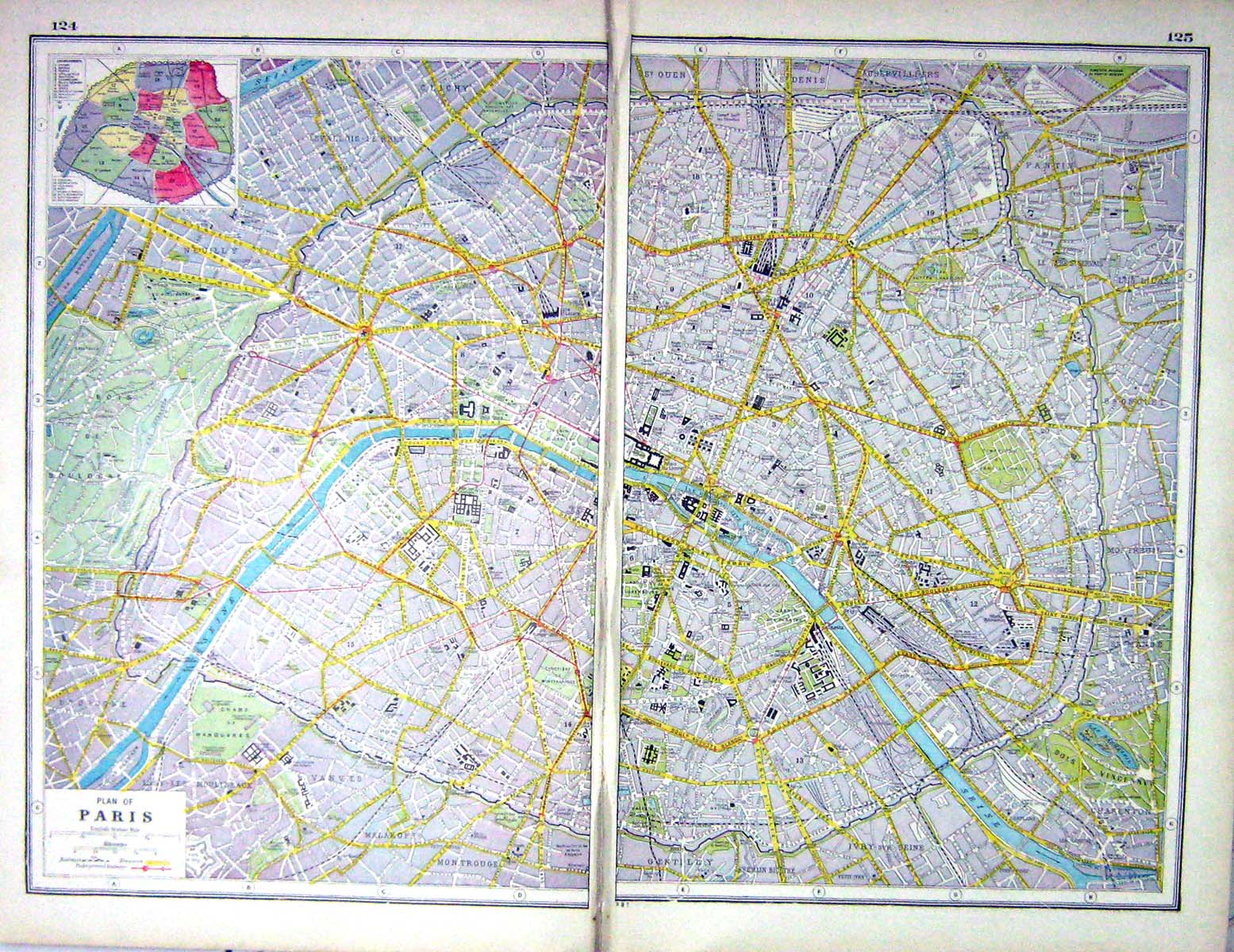 Old Print Hammerton Map C1920 Plan Paris France River Seine Louvre Elyse 20th