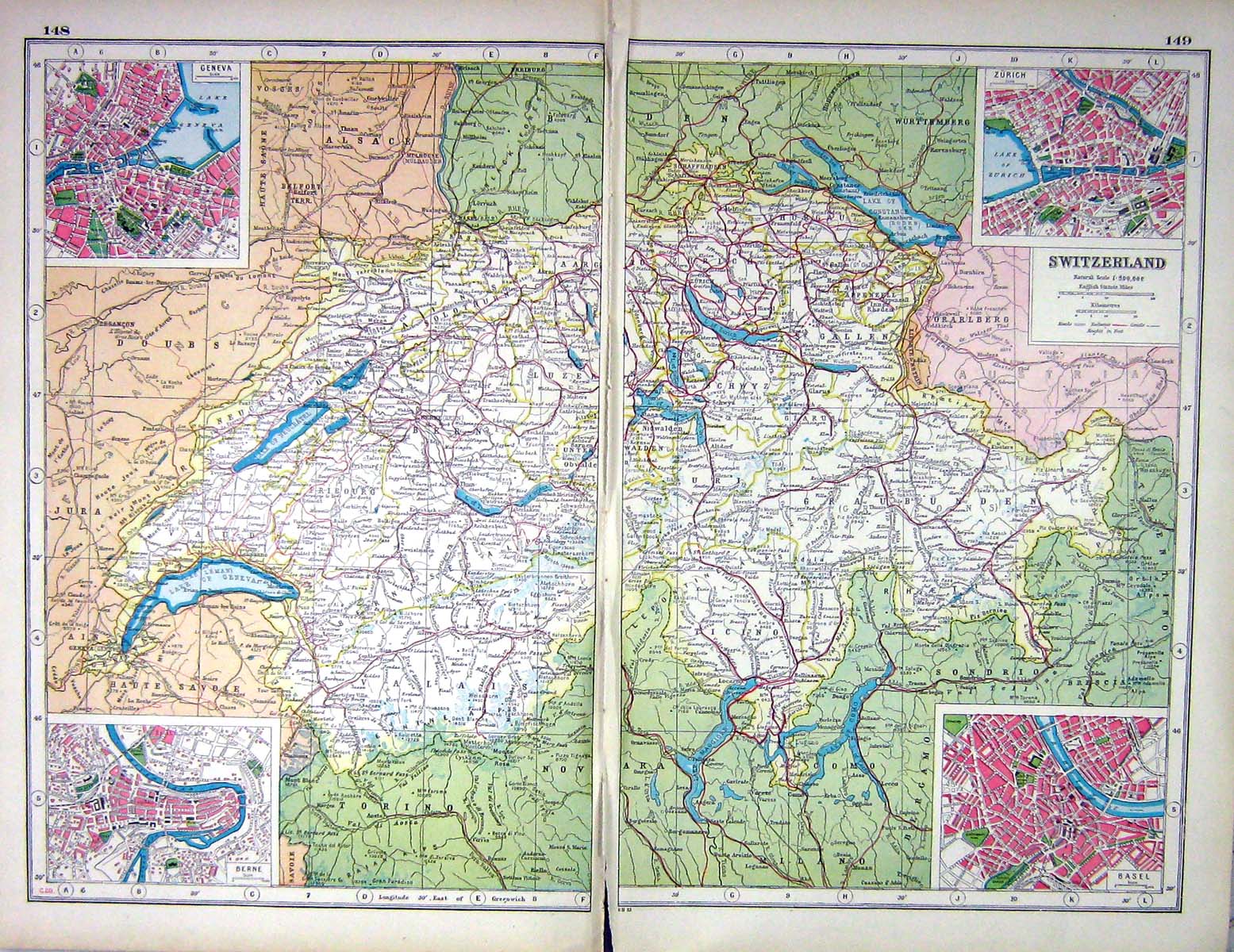 Old Print Hammerton Map C1920 Switzerland Plan Zurich Basel Geneva Berne 20th
