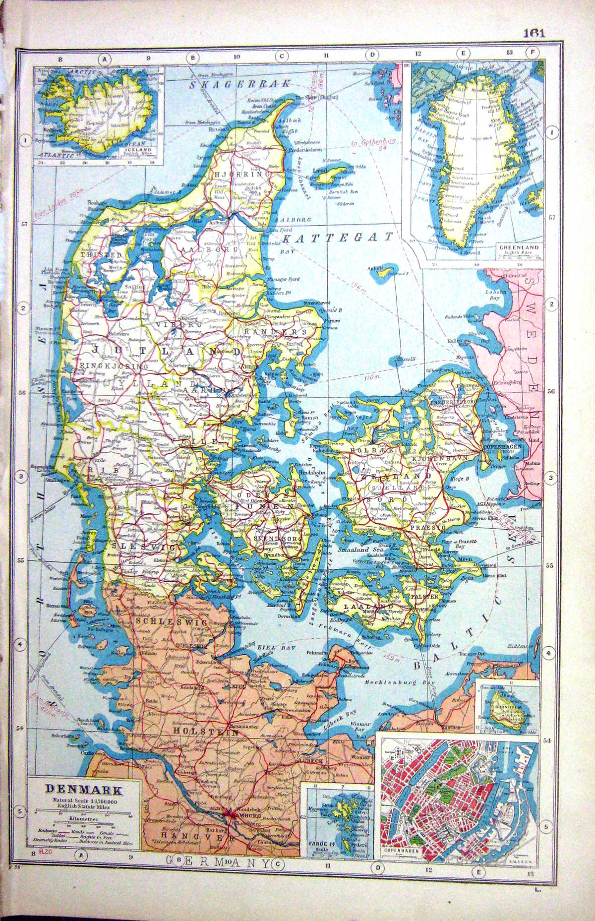 Old Print Hammerton Map C1920 Denmark Plan Copenhagen Greenland Elsinore 20th
