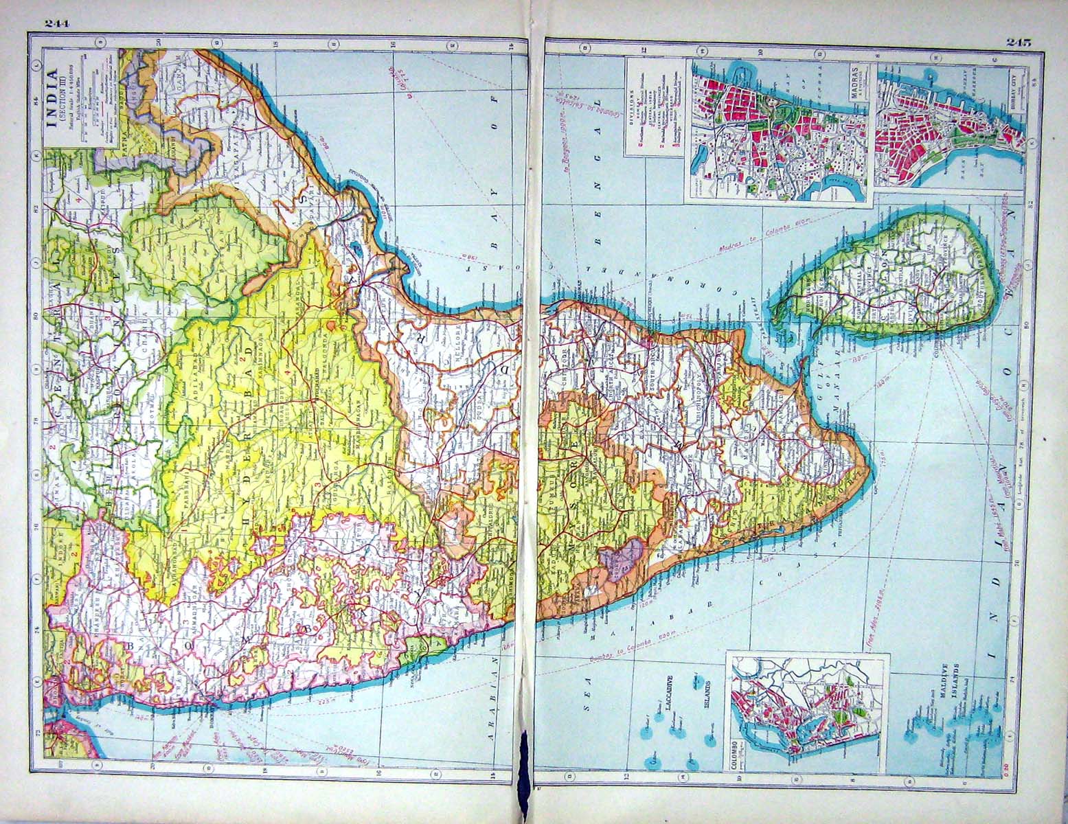 Old Print Hammerton Map C1920 India Plan Madras Bombay Ceylon Colombo Ma 20th