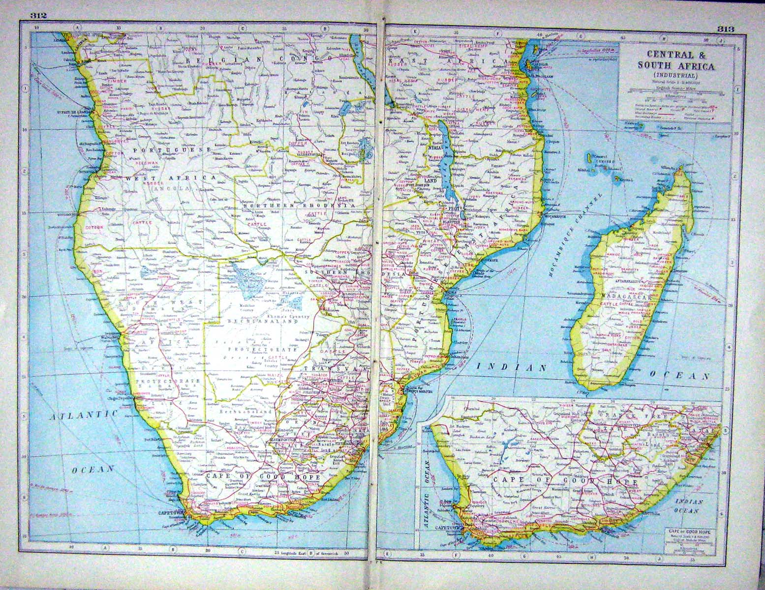 Old Print Harmsworth Hammerton Map C1920 South Africa Madagascar Cape Go 20th