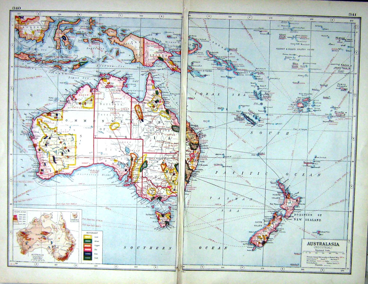 Antique Old Print Hammerton Map C1920 Australia New Zealand Fiji Samoa Borneo