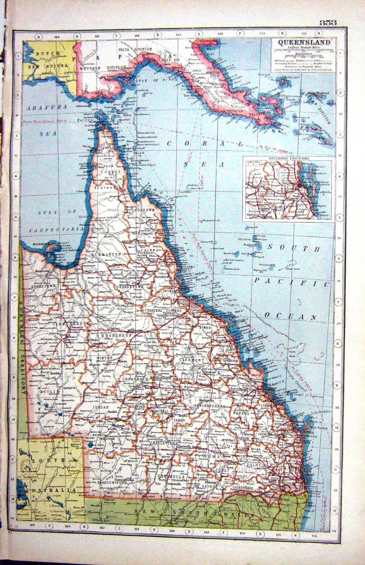 Old Print Hammerton Map C1920 Queensland Australia Brisbane Cooktown Fal 20th