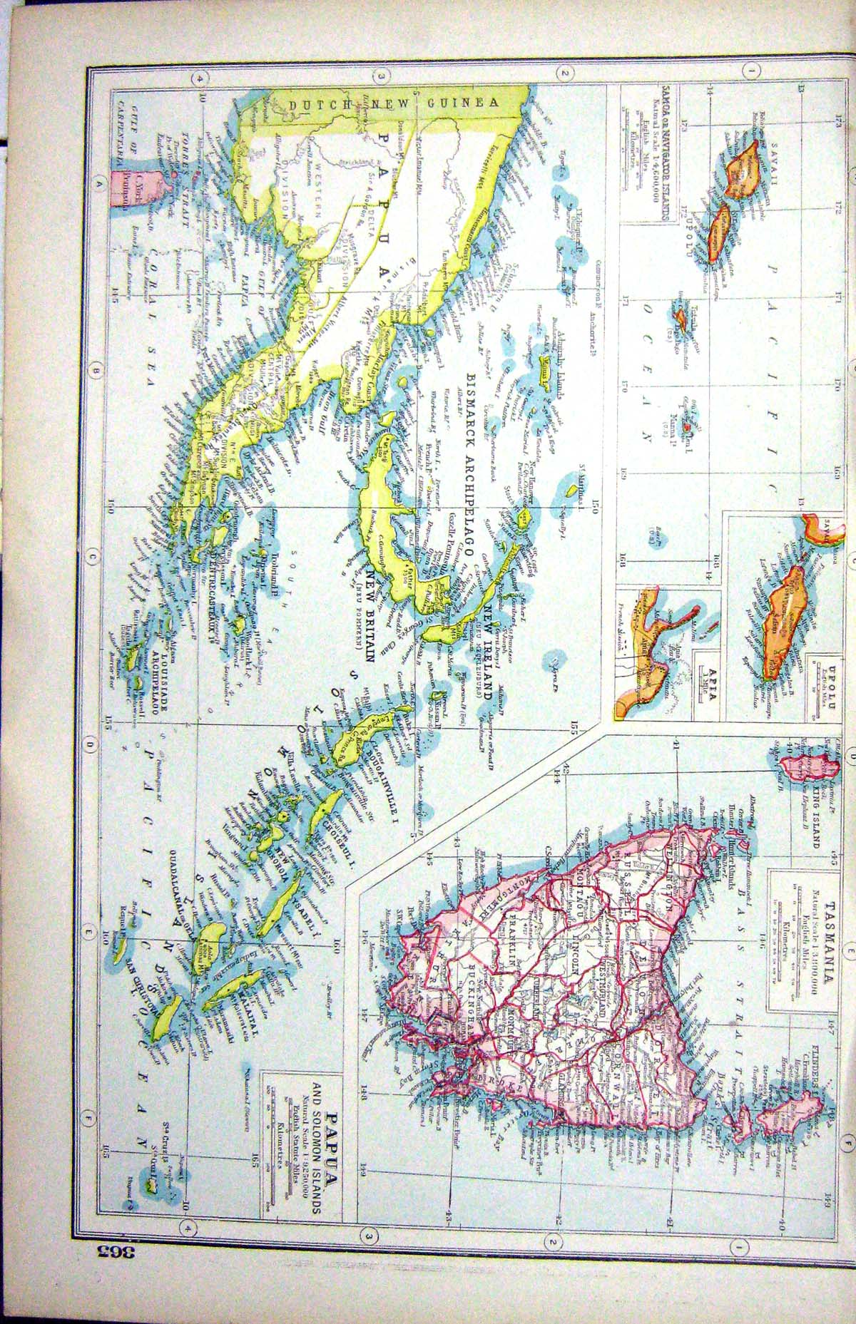 Antique Old Print Hammerton Map C1920 Papua Solomon Tasmania Upolu Apia Samoa