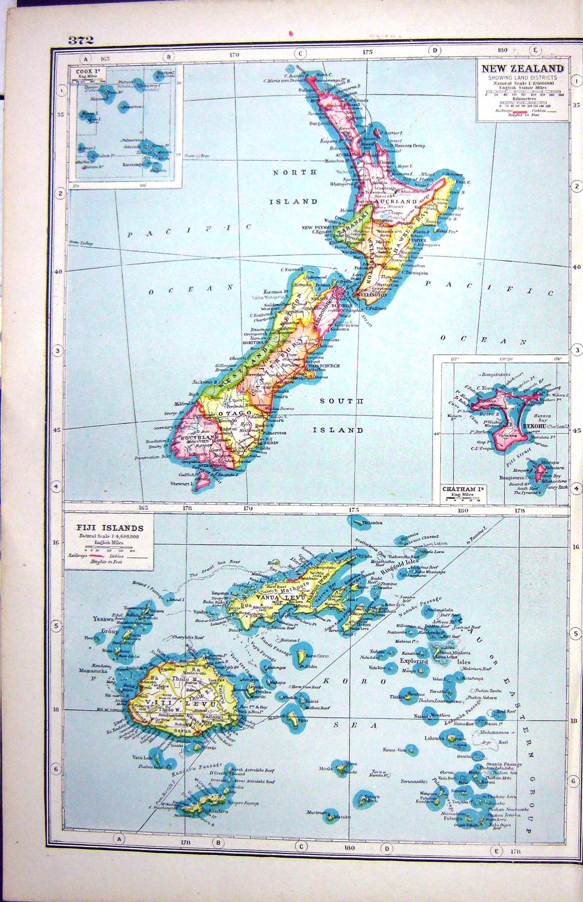 Old Print Hammerton Map C1920 New Zealand Chatham Cook Fiji Islands Roto 20th