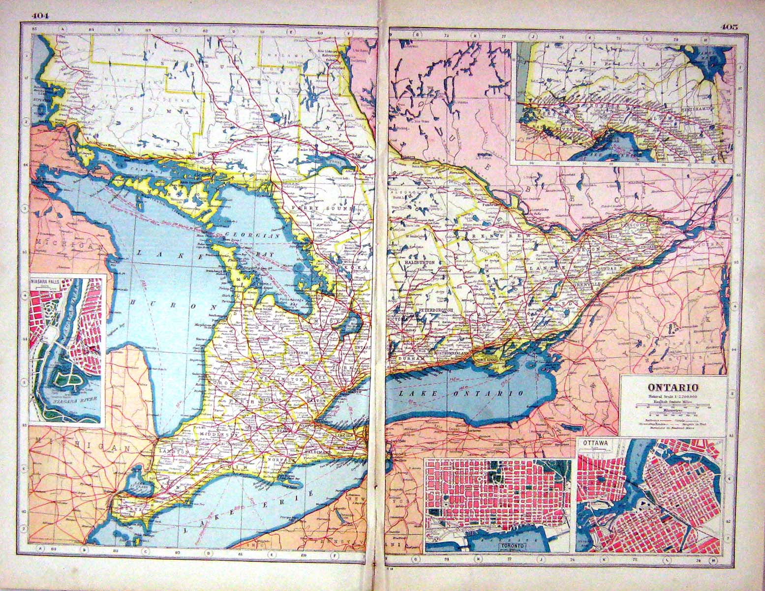 Old Print Hammerton Map C1920 Ontario Canada Ottawa Toronto Niagara Fall 20th