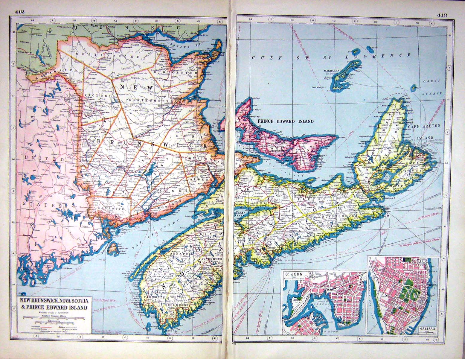 Old Print Hammerton Map C1920 Brunswick St. John Halifax Prince Edward B 20th