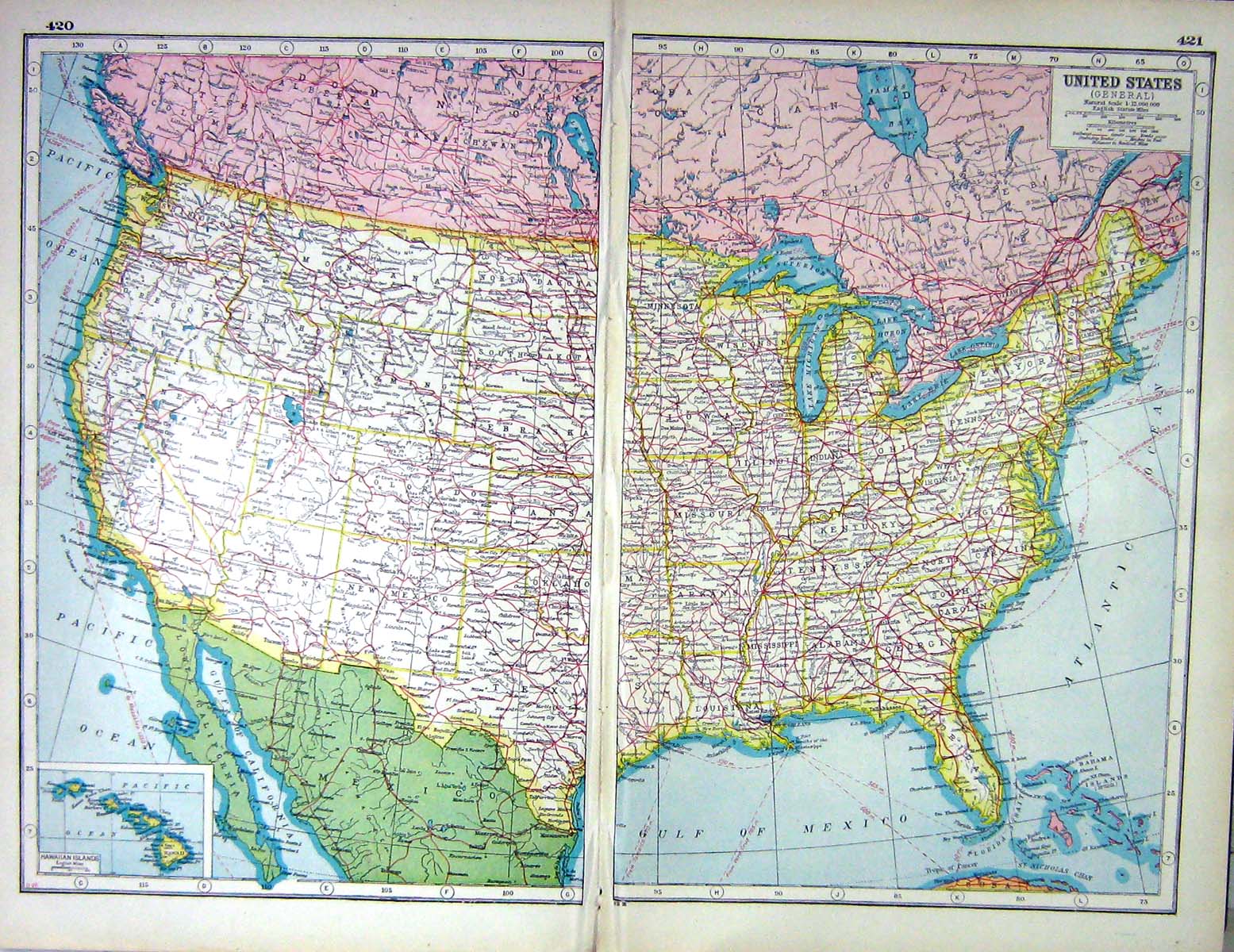 Old Print Hammerton Map C1920 United States America Hawaiian Islands Hud 20th