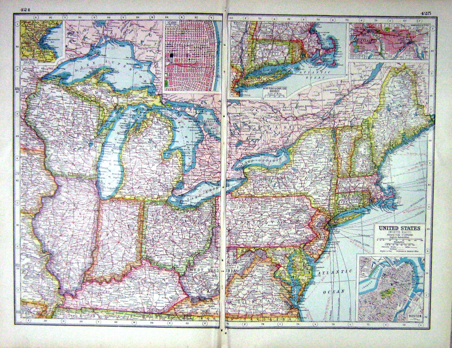 Old Print Hammerton Map C1920 America Plan Boston New York St. Louis Hud 20th