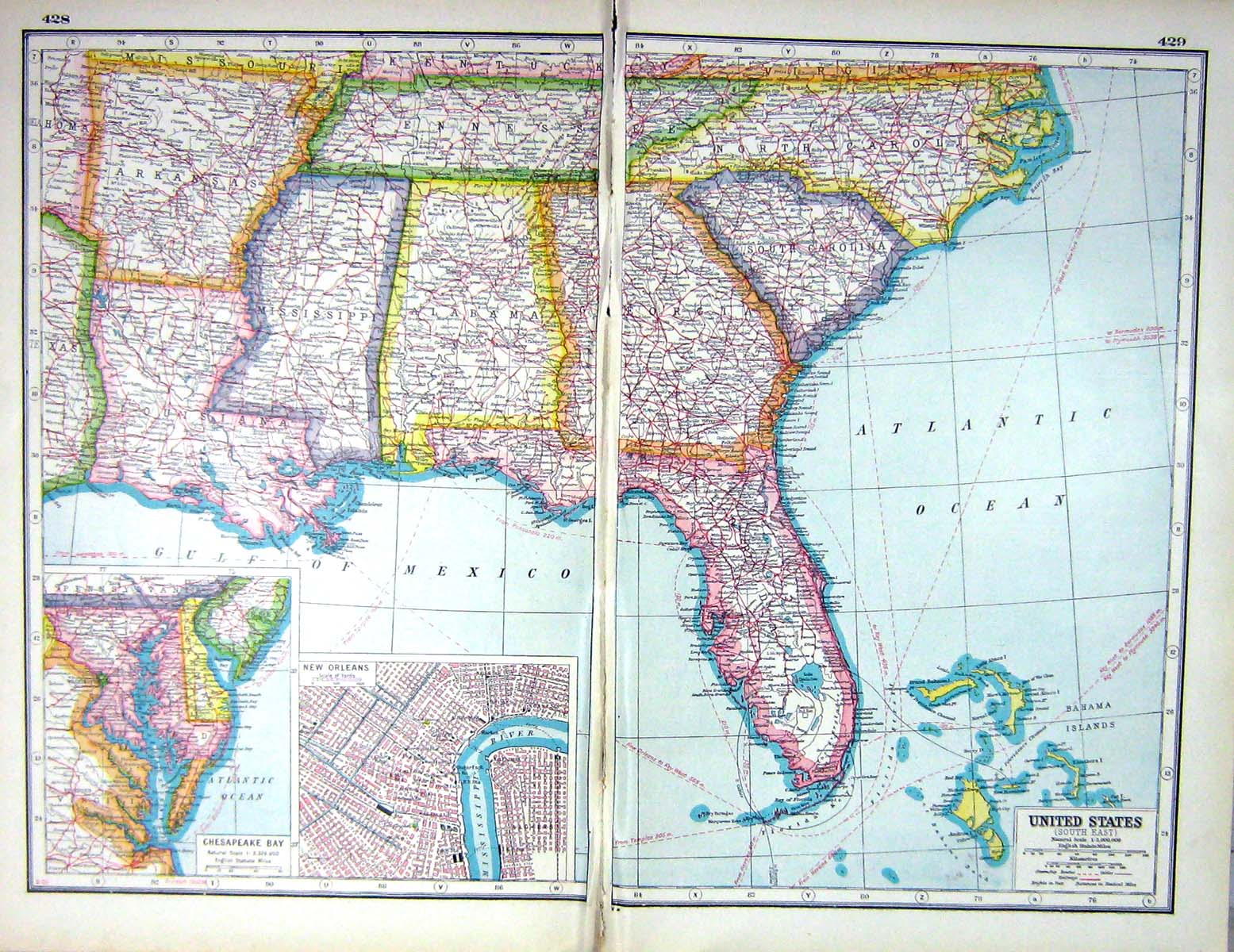Old Print Hammerton Map C1920 America Florida New Orleans Chesapeake Bay 20th