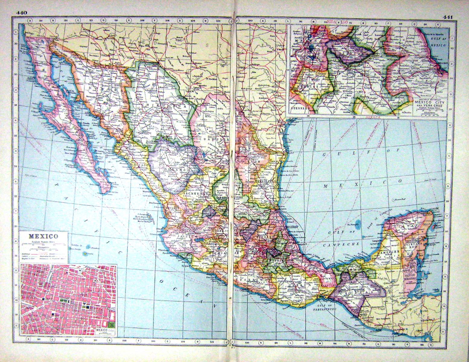 Antique Print Hammerton Map C1920 Mexico Plan America California Vera Cruz 20th