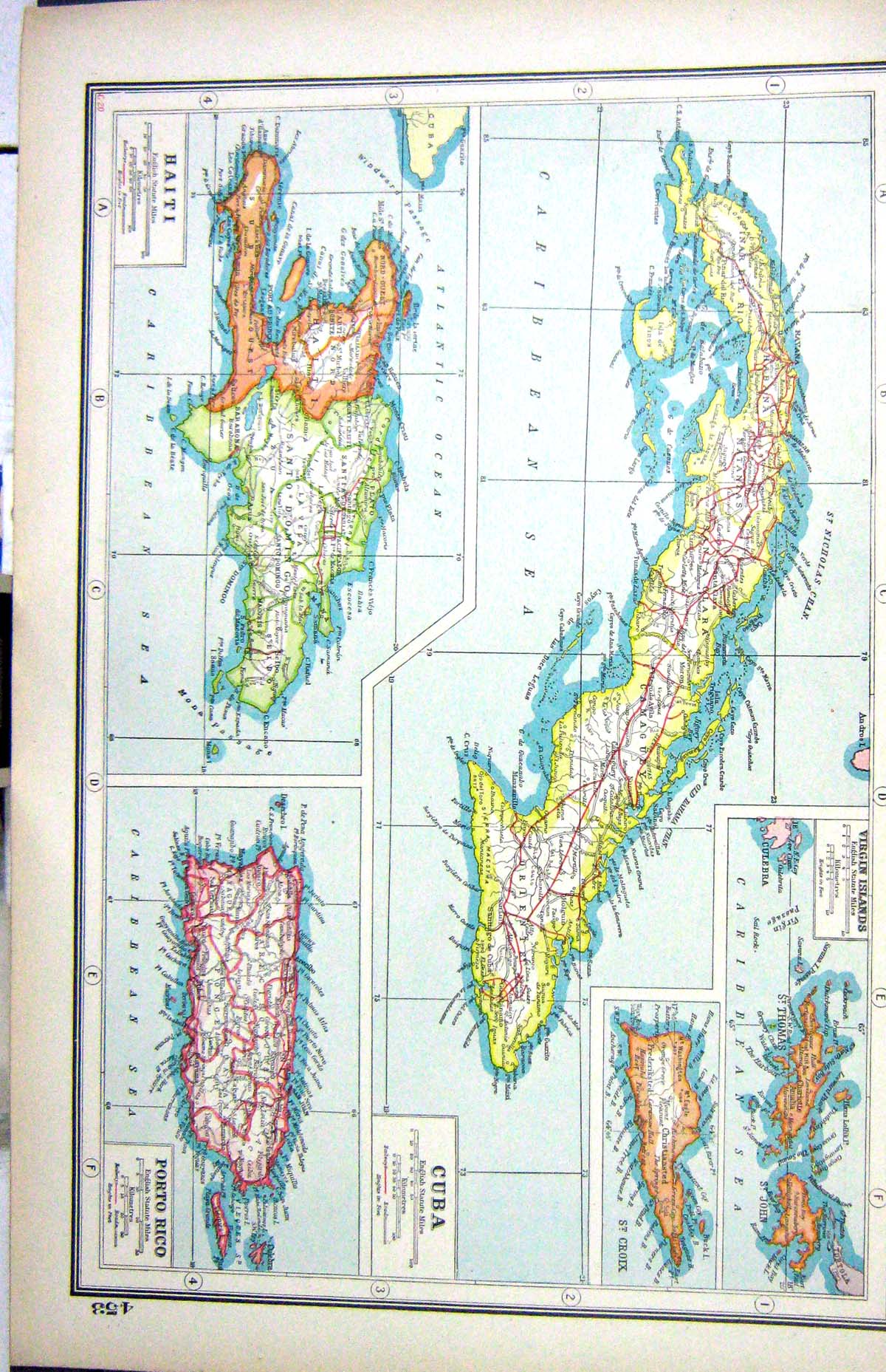 Old Print Hammerton Map C1920 Porto Rico Haiti Cuba Virgin Croix Domingo 20th