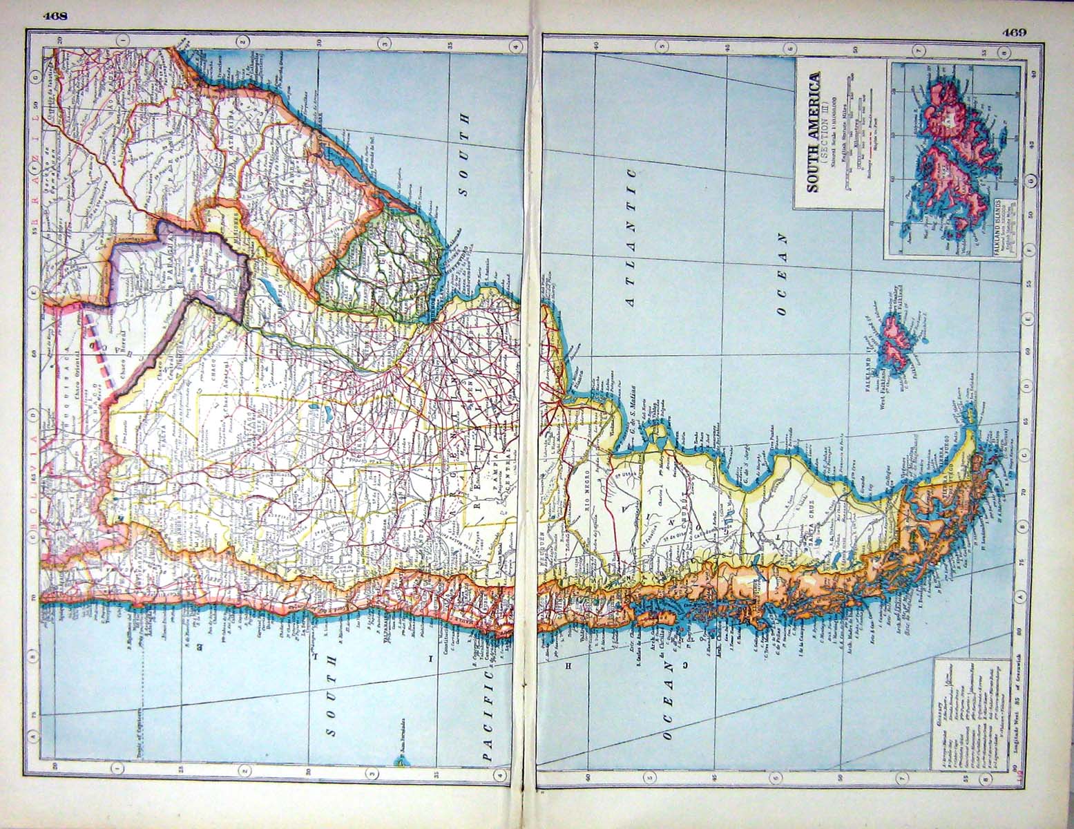 Old Print Hammerton Map C1920 South America Falkland Islands Buenos Aire 20th