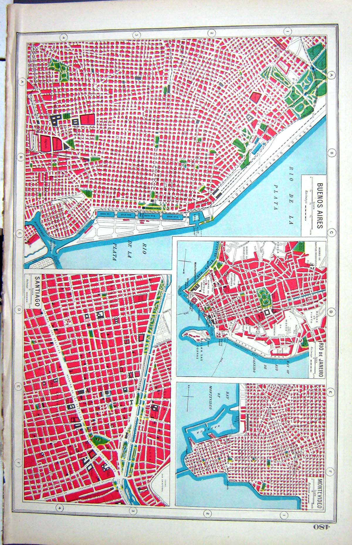 Old Print Hammerton Map C1920 Plan Buenos Airies Santiago Janeiro Montev 20th