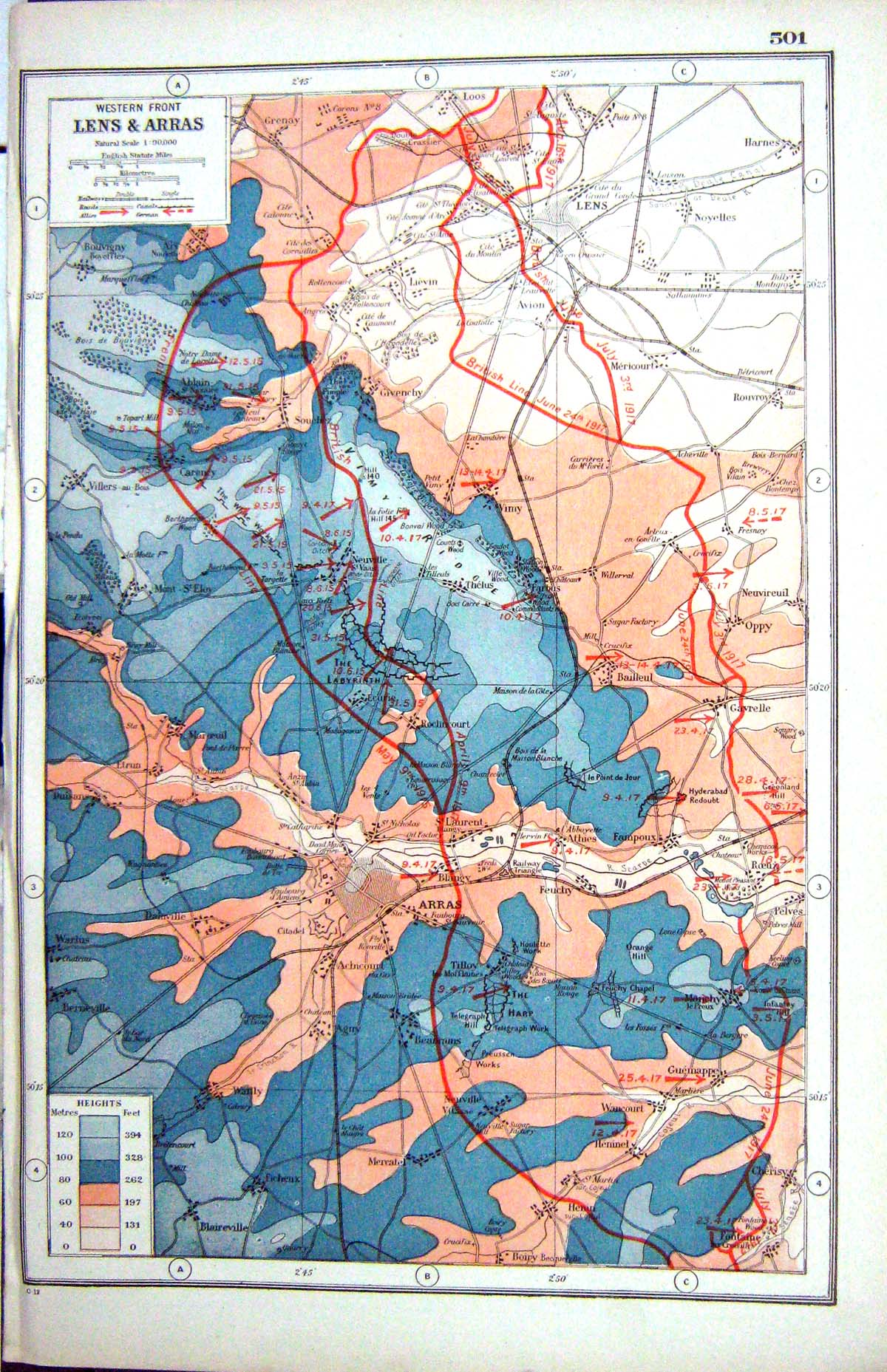 Old Print Hammerton Map C1920 Western Front Lens Arras Plan Souchez Lens 20th